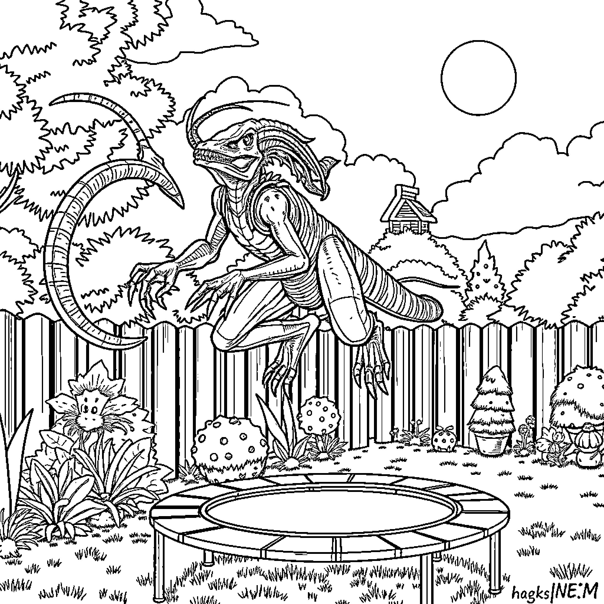 Xenomorph Alien Creature Lurking in Backyard Scene Coloring Page (free black-and-white line drawing printable PDF for all, from beginners to advanced learners, including children, teens, adults, and seniors)