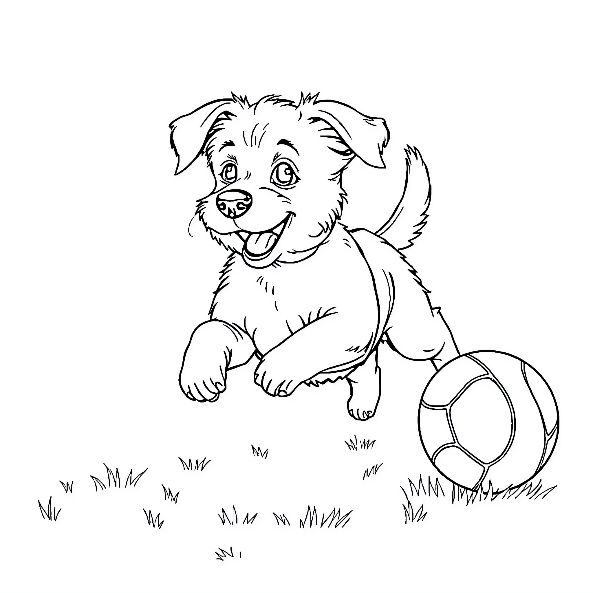 Dog playing joyfully with a toy in the park Coloring Page (free black-and-white line drawing printable PDF for all, from beginners to advanced learners, including children, teens, adults, and seniors)