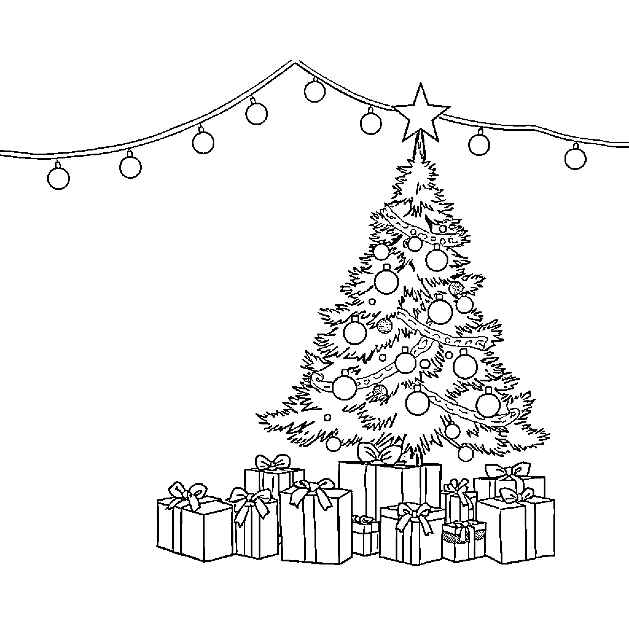 Christmas Tree with Gifts and Decorations Coloring Page (free black-and-white line drawing printable PDF for all, from beginners to advanced learners, including children, teens, adults, and seniors)