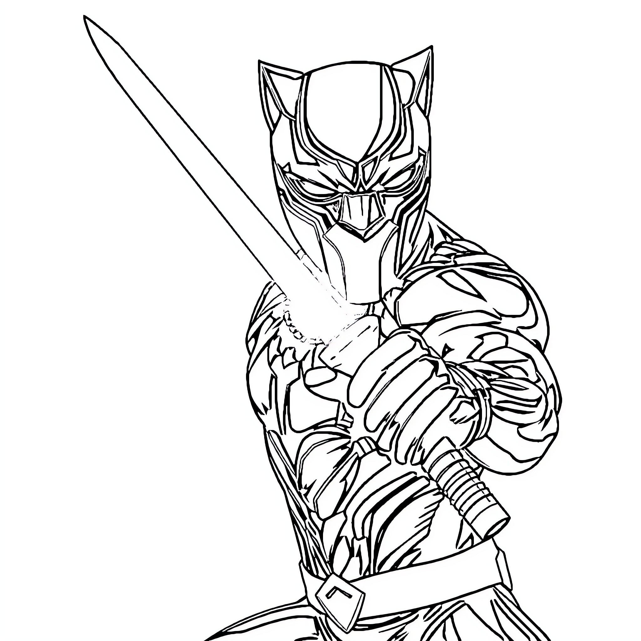 Black Panther Heroic Warrior with Fierce Stance Coloring Page (free black-and-white line drawing printable PDF for all, from beginners to advanced learners, including children, teens, adults, and seniors)