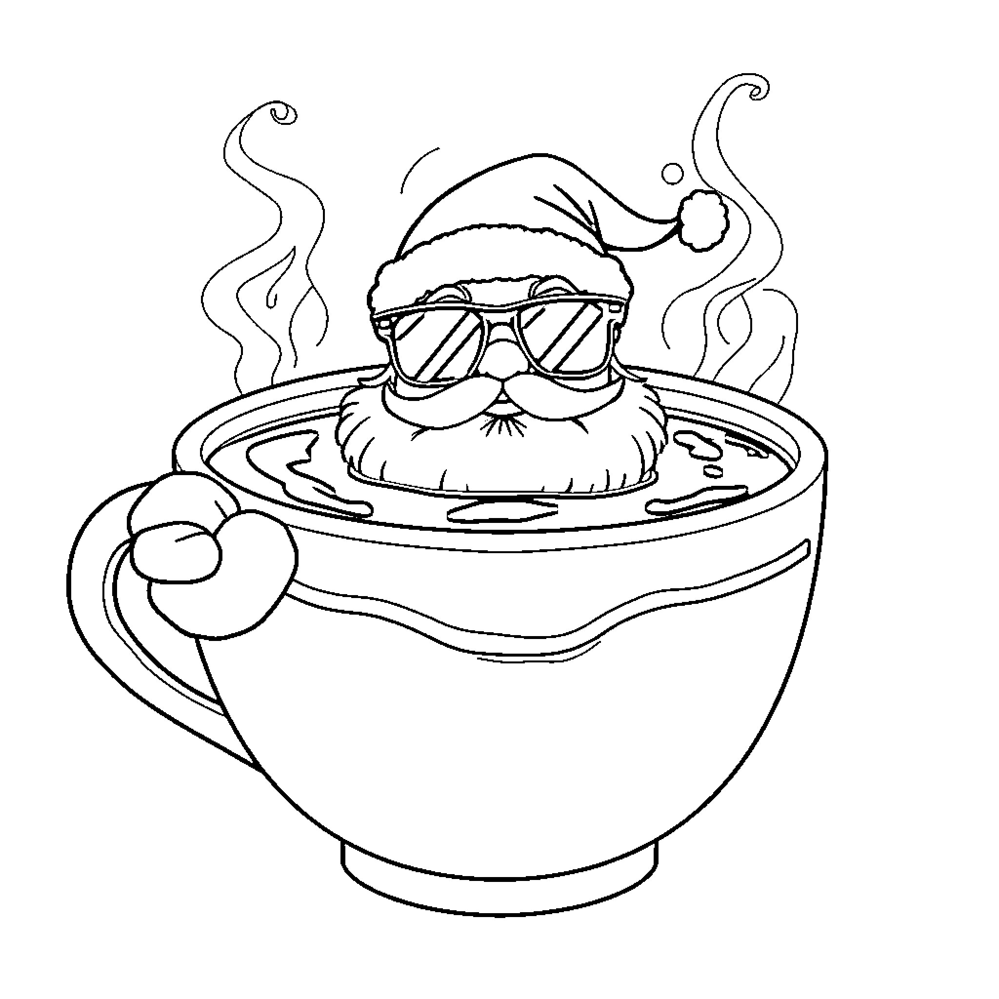 Santa relaxing in a steaming cup of cocoa Coloring Page (free black-and-white line drawing printable PDF for all, from beginners to advanced learners, including children, teens, adults, and seniors)