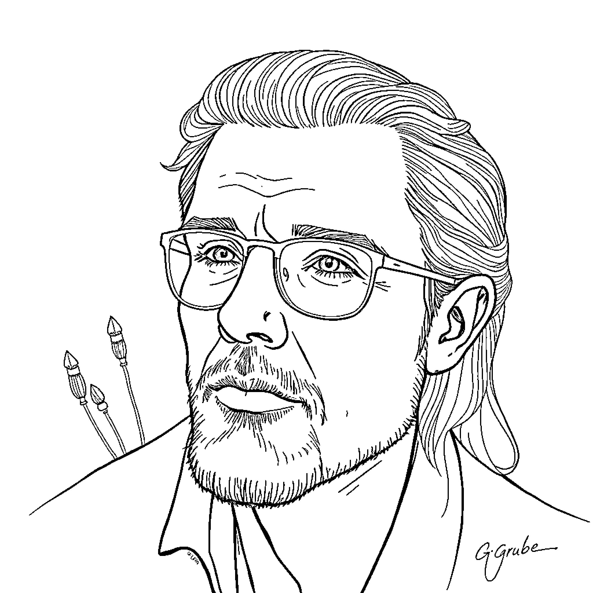 Oliver Grube's portrait with artistic tools and glasses Coloring Page (free black-and-white line drawing printable PDF for all, from beginners to advanced learners, including children, teens, adults, and seniors)