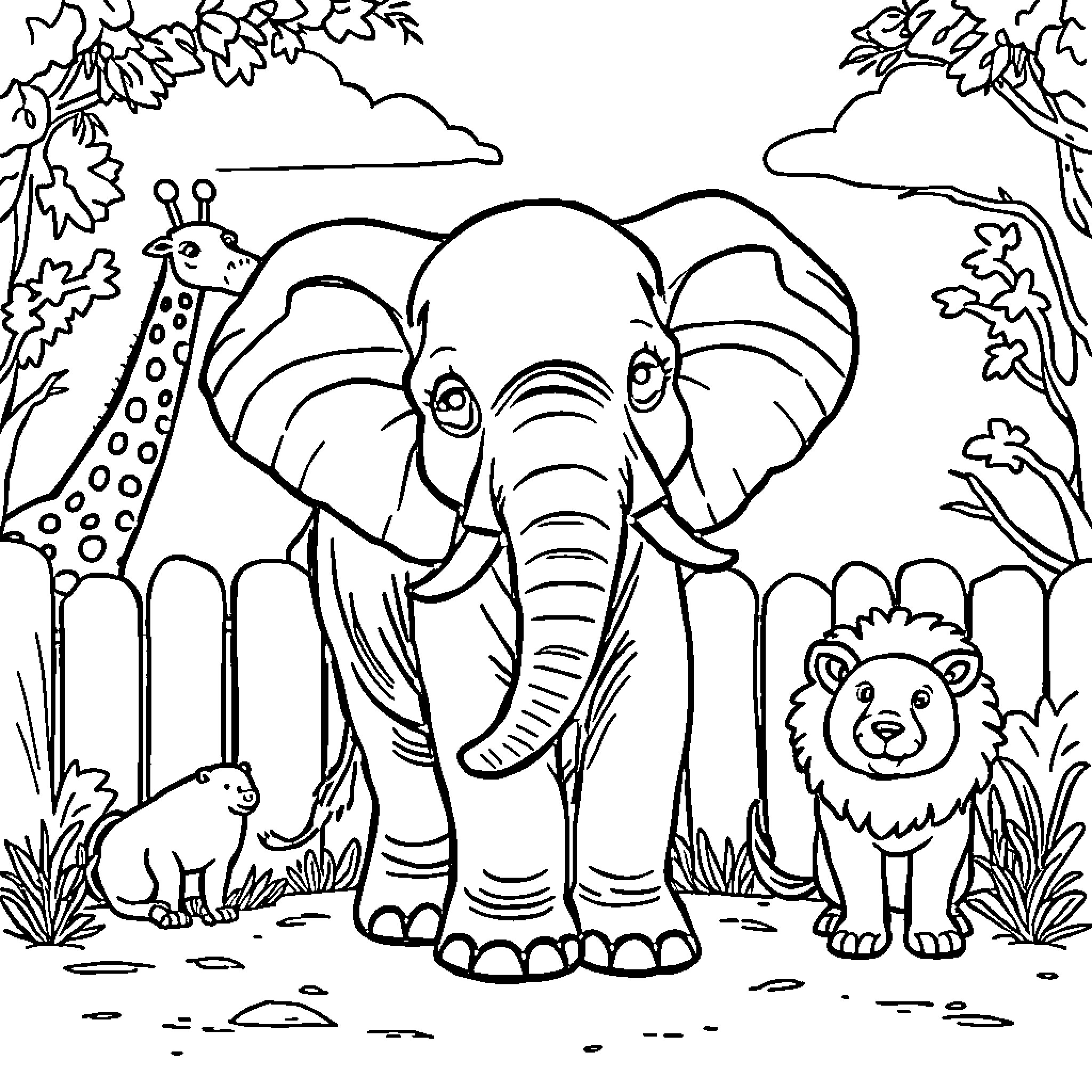Elephant and friends in the jungle Coloring Page (free black-and-white line drawing printable PDF for all, from beginners to advanced learners, including children, teens, adults, and seniors)