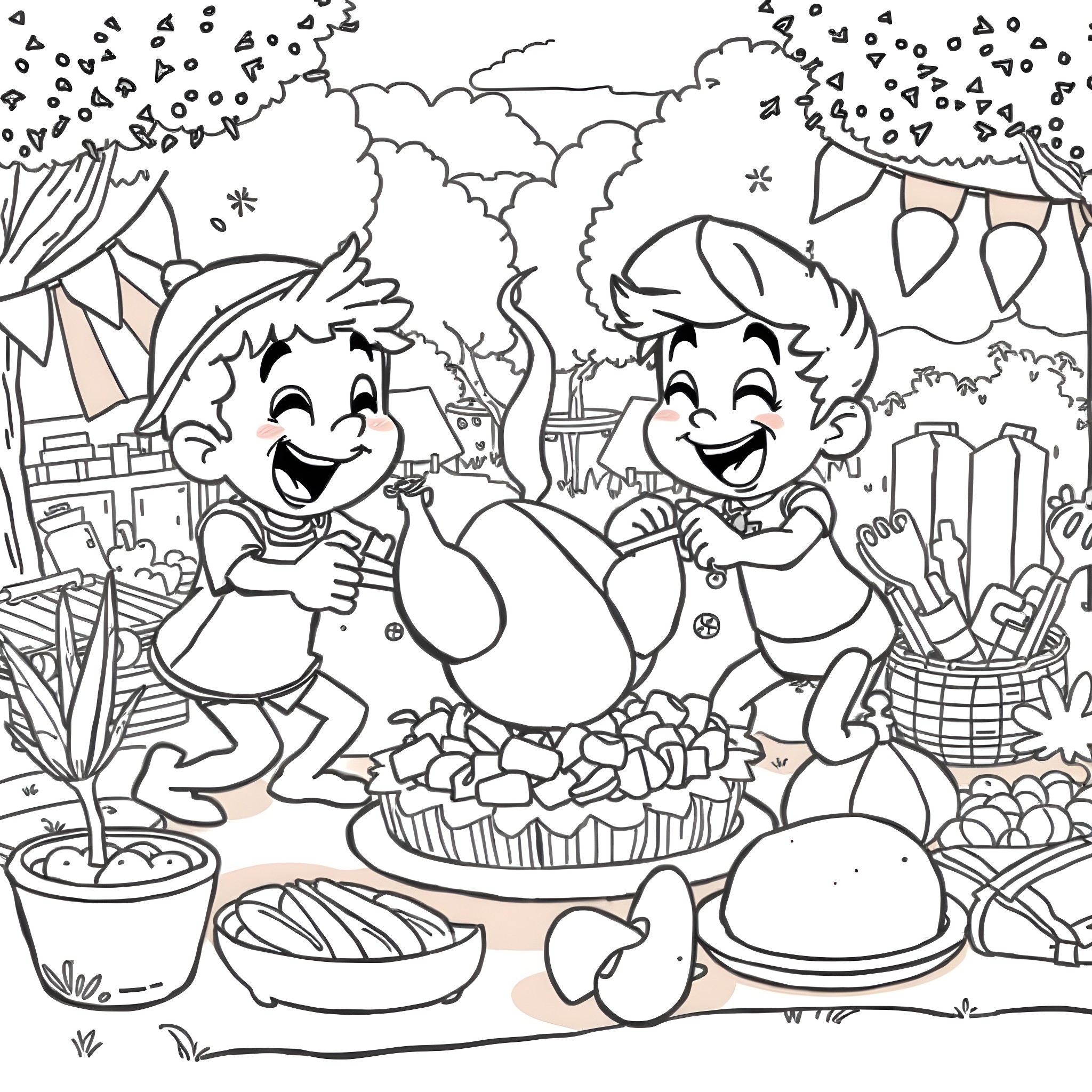 Fight between cartoon children in a festive setting Coloring Page (free black-and-white line drawing printable PDF for all, from beginners to advanced learners, including children, teens, adults, and seniors)