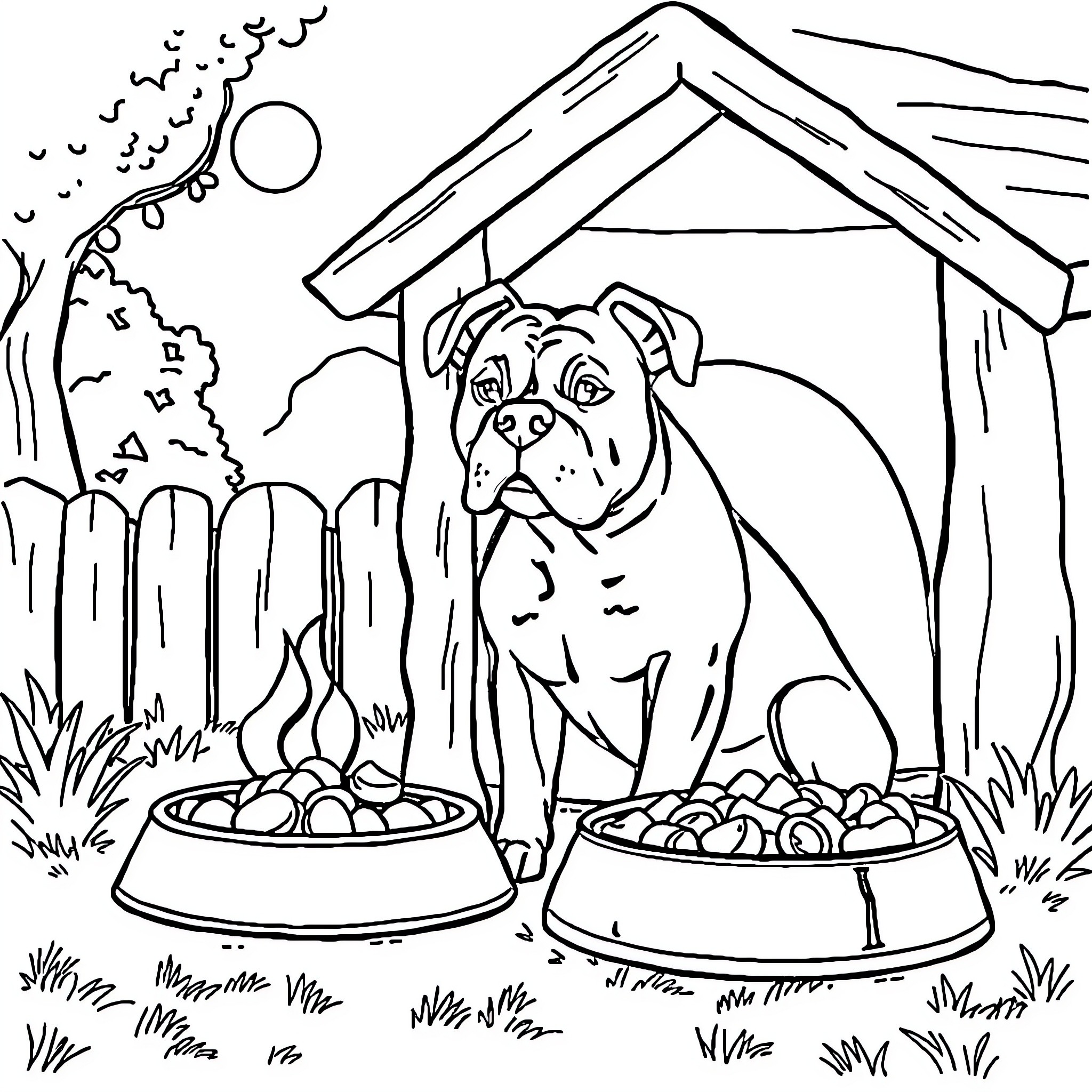 Pitbull resting by food bowls in the backyard Coloring Page (free black-and-white line drawing printable PDF for all, from beginners to advanced learners, including children, teens, adults, and seniors)