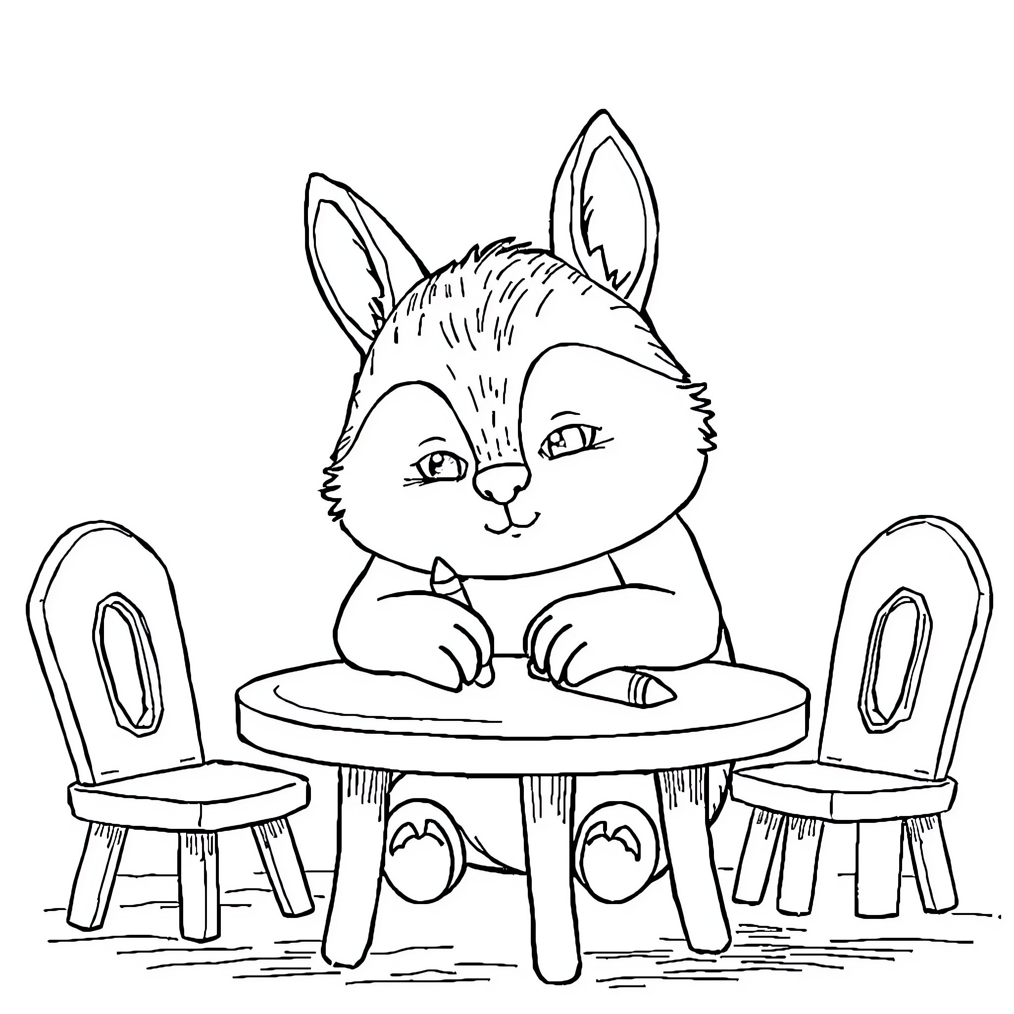 Tchoupi enjoying a cozy table and chairs Coloring Page (free black-and-white line drawing printable PDF for all, from beginners to advanced learners, including children, teens, adults, and seniors)