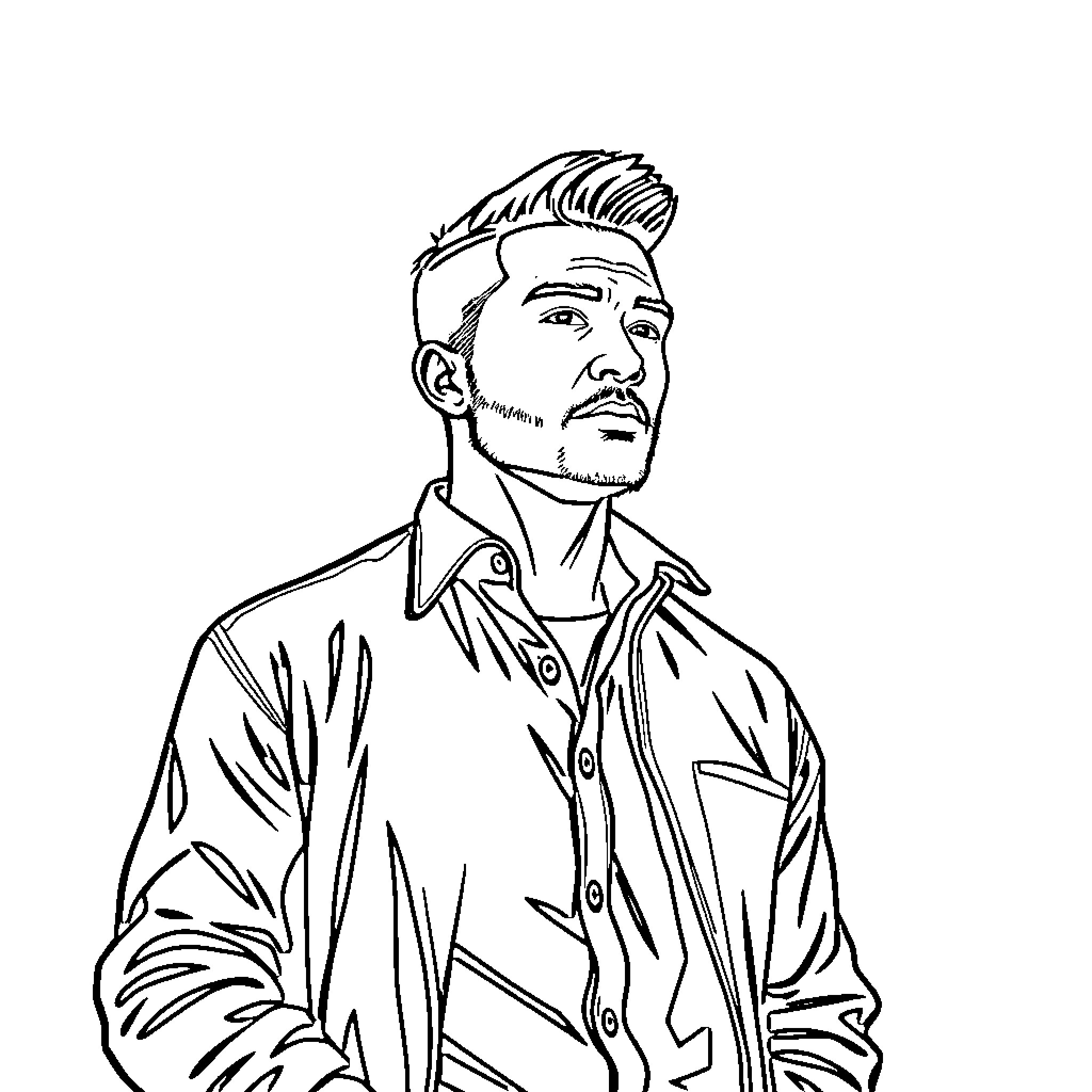 Man in thought with serious expression Coloring Page (free black-and-white line drawing printable PDF for all, from beginners to advanced learners, including children, teens, adults, and seniors)
