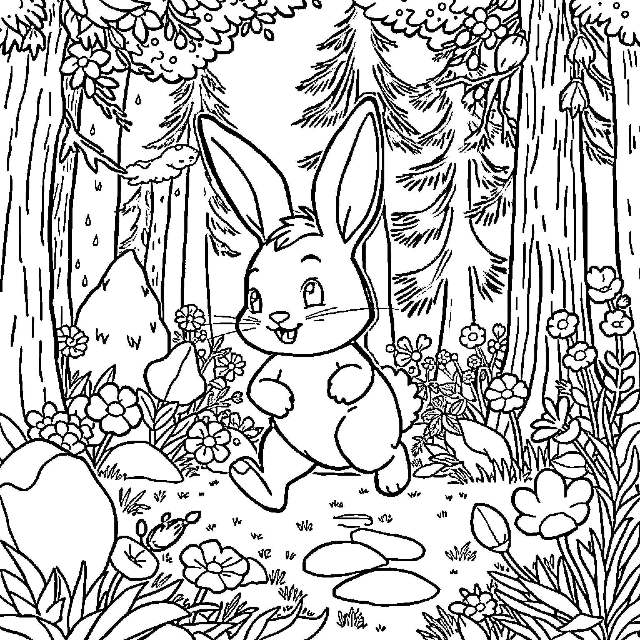 Bunny frolicking in the lush forest Coloring Page (free black-and-white line drawing printable PDF for all, from beginners to advanced learners, including children, teens, adults, and seniors)
