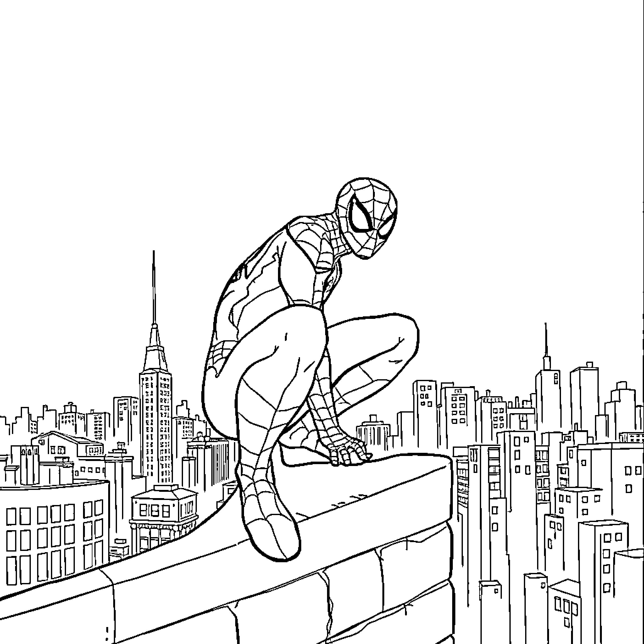 Spiderman crouching on a rooftop overlooking the city skyline Coloring Page (free black-and-white line drawing printable PDF for all, from beginners to advanced learners, including children, teens, adults, and seniors)