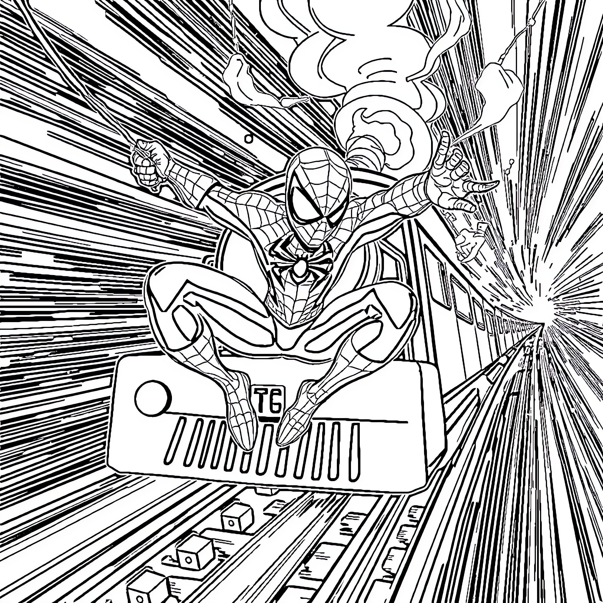 Spider-Man battles against villains in a dynamic action scene Coloring Page (free black-and-white line drawing printable PDF for all, from beginners to advanced learners, including children, teens, adults, and seniors)