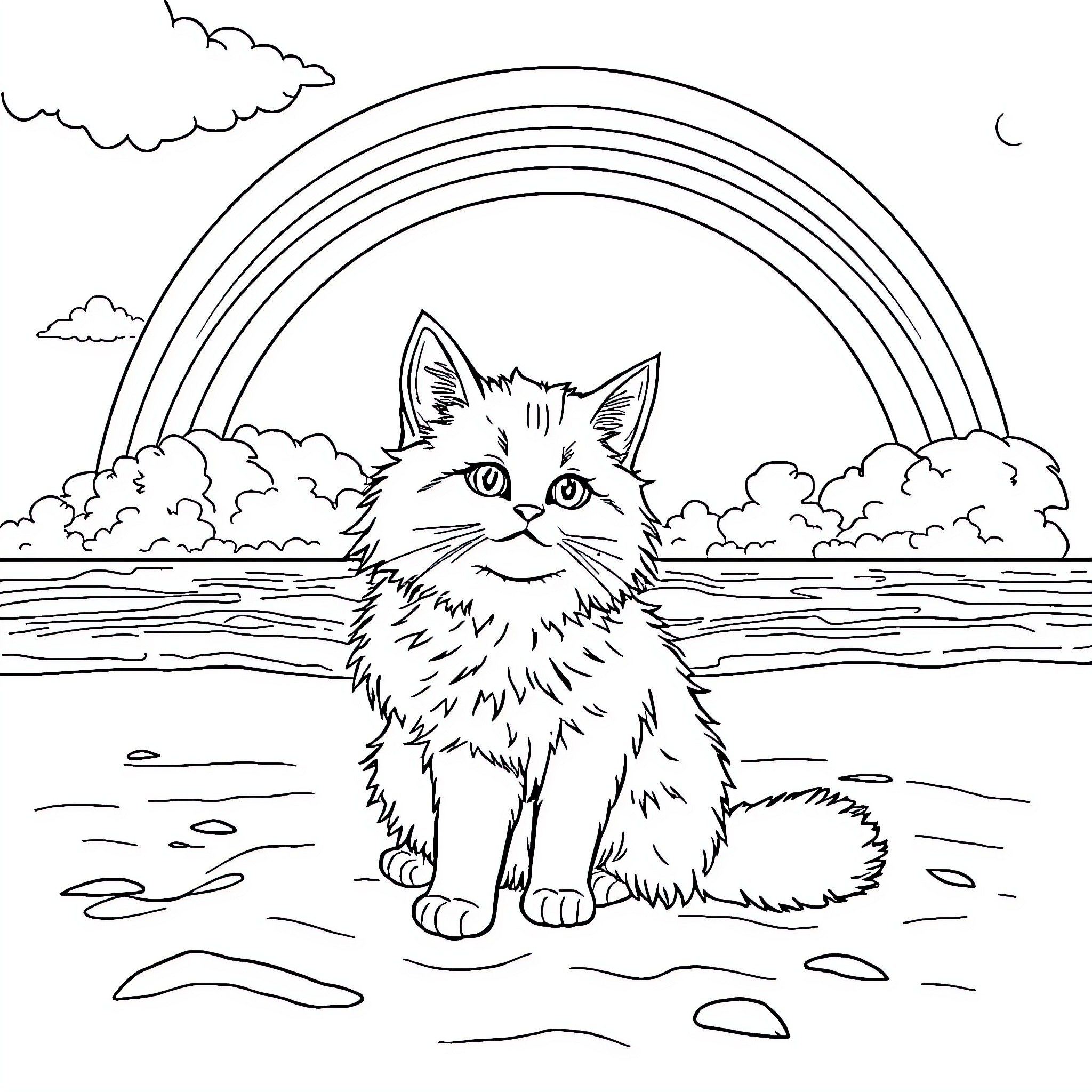 Cat relaxing under a rainbow in nature Coloring Page (free black-and-white line drawing printable PDF for all, from beginners to advanced learners, including children, teens, adults, and seniors)