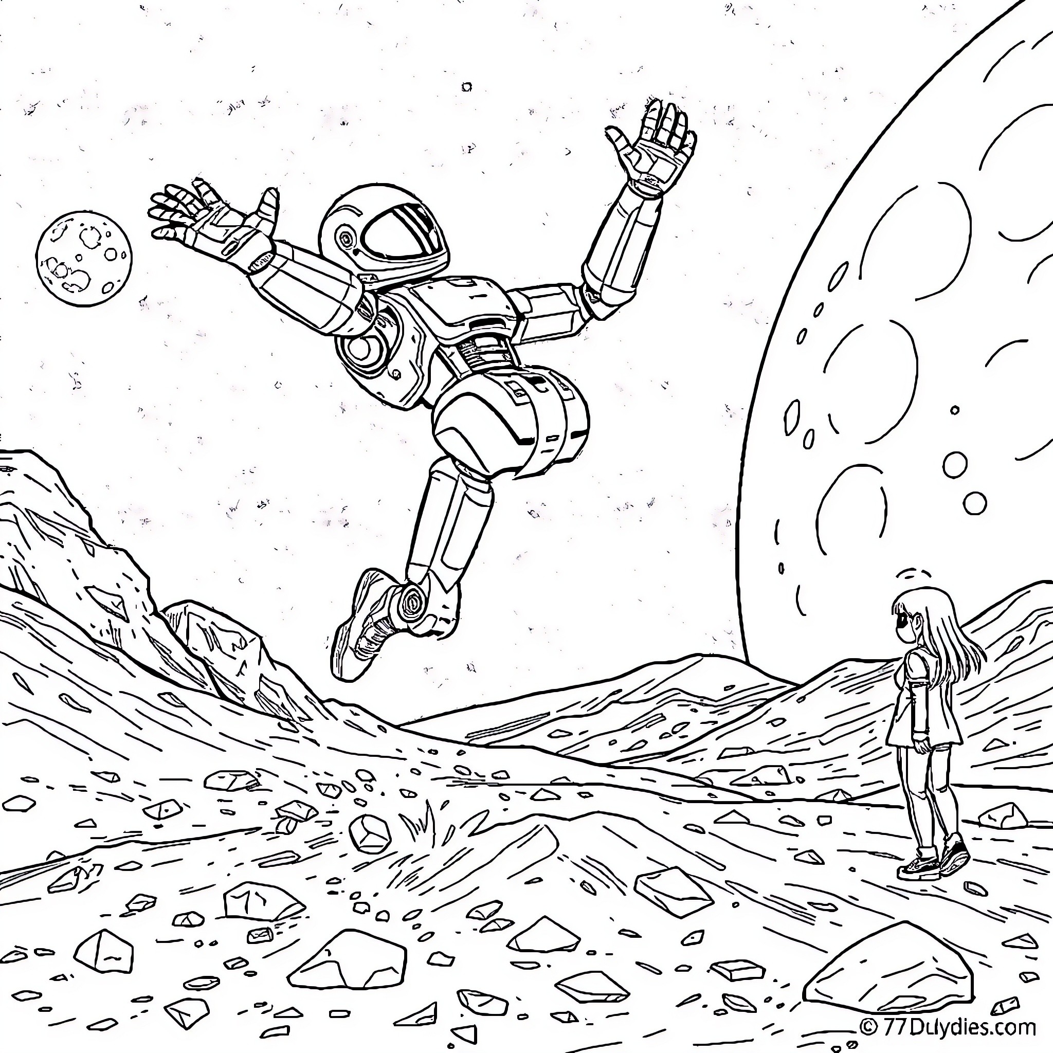 Robot exploring alien landscape in outer space Coloring Page (free black-and-white line drawing printable PDF for all, from beginners to advanced learners, including children, teens, adults, and seniors)