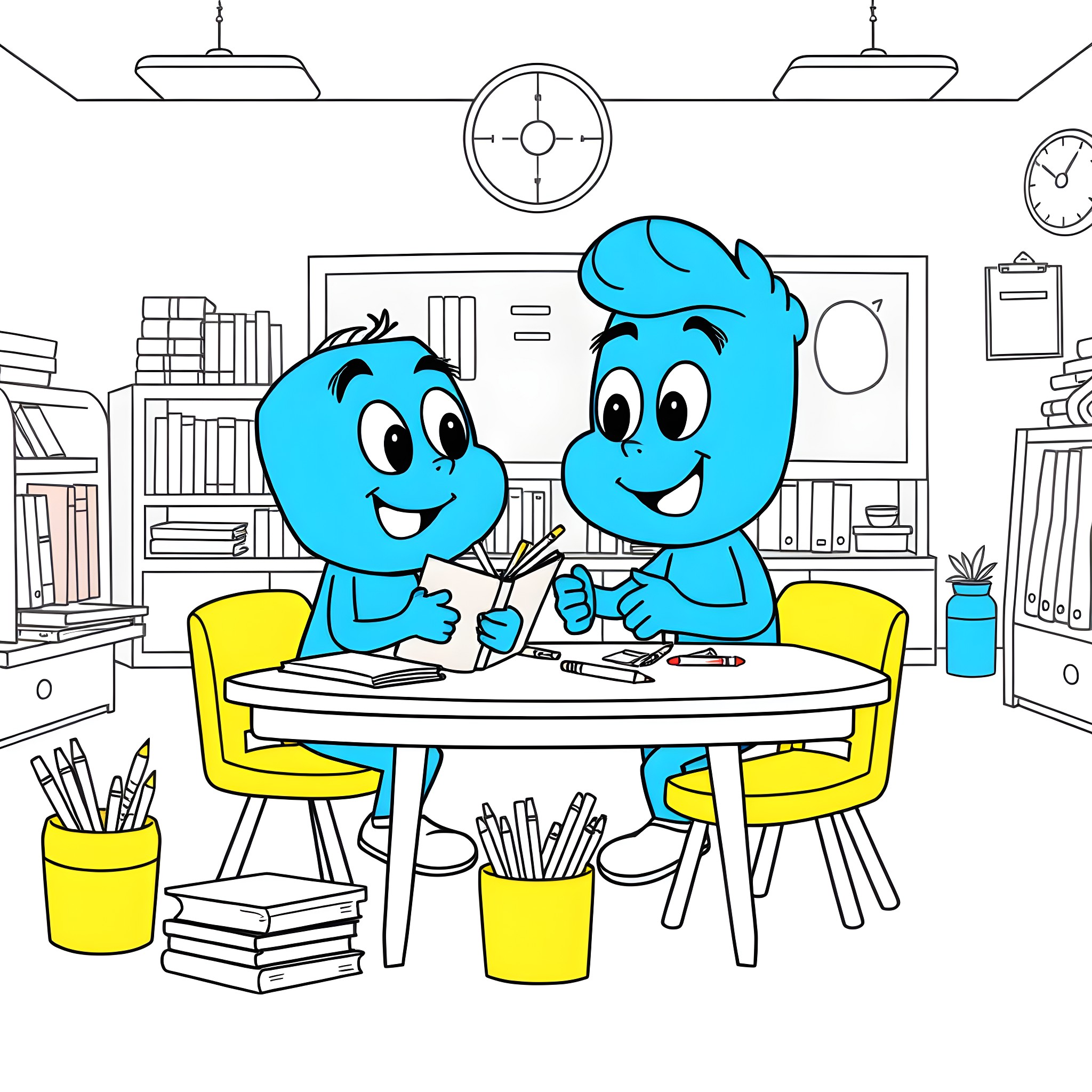Bluey characters enjoying coloring activity in the classroom Coloring Page (free black-and-white line drawing printable PDF for all, from beginners to advanced learners, including children, teens, adults, and seniors)
