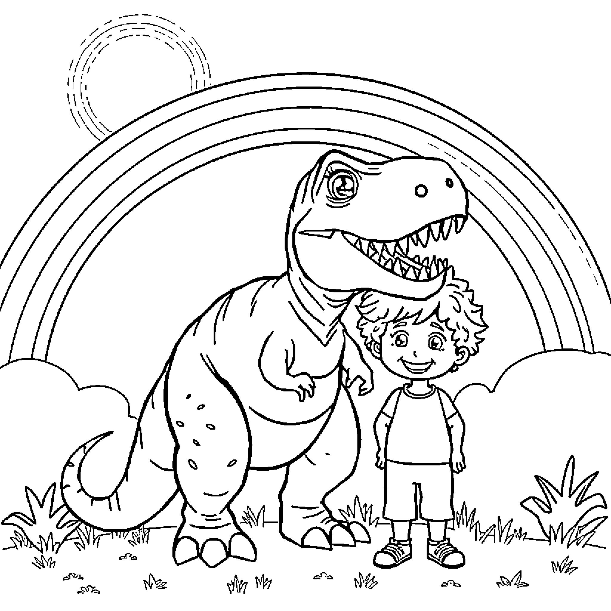 T-Rex roaring excitedly with a young child Coloring Page (free black-and-white line drawing printable PDF for all, from beginners to advanced learners, including children, teens, adults, and seniors)