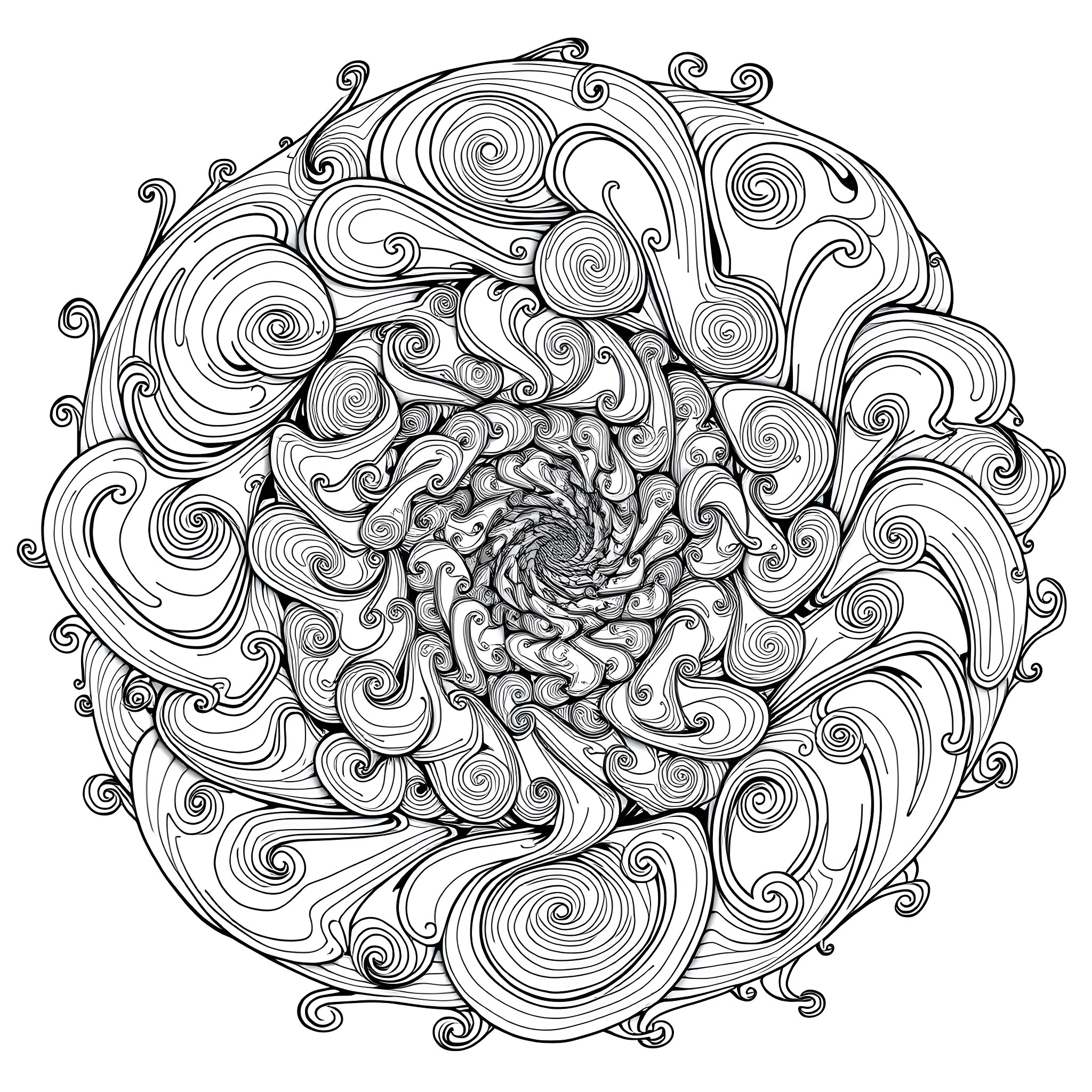 Fractal abstract swirls and spirals Coloring Page (free black-and-white line drawing printable PDF for all, from beginners to advanced learners, including children, teens, adults, and seniors)