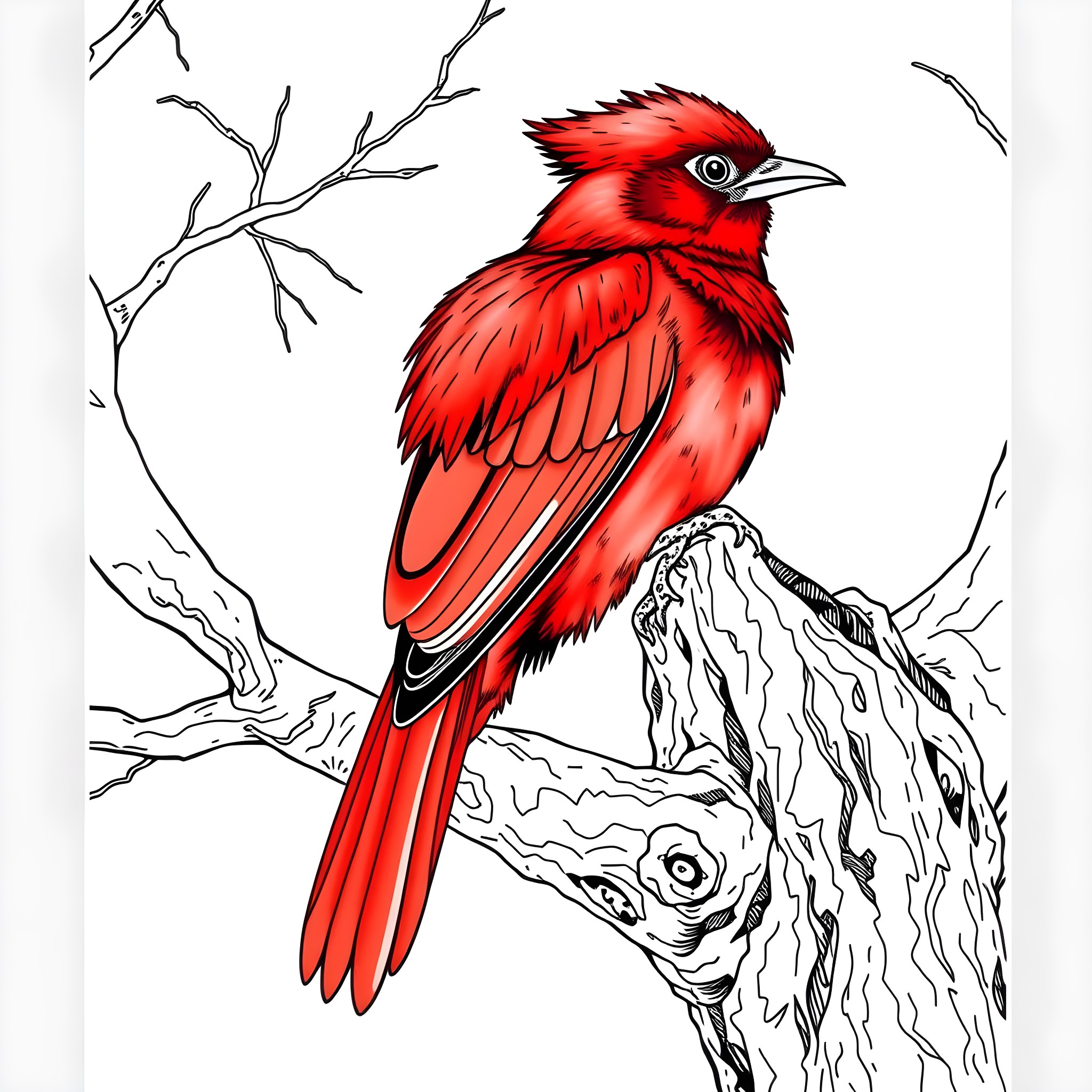 Avadavat - Vibrant Cardinal Perched on Weathered Branch Coloring Page (free black-and-white line drawing printable PDF for all, from beginners to advanced learners, including children, teens, adults, and seniors)
