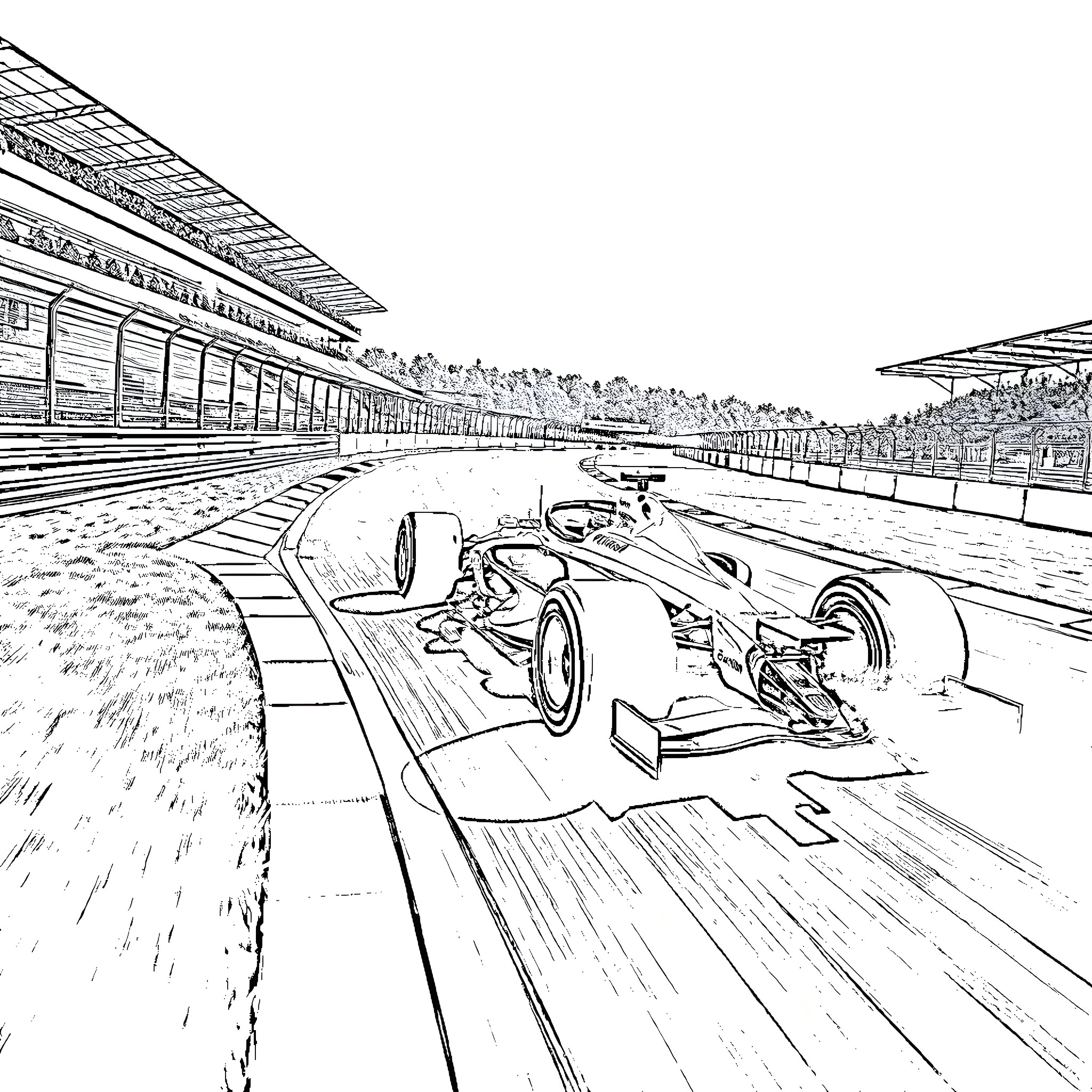 Formula 1 Racing Car on Racetrack Coloring Page (free black-and-white line drawing printable PDF for all, from beginners to advanced learners, including children, teens, adults, and seniors)
