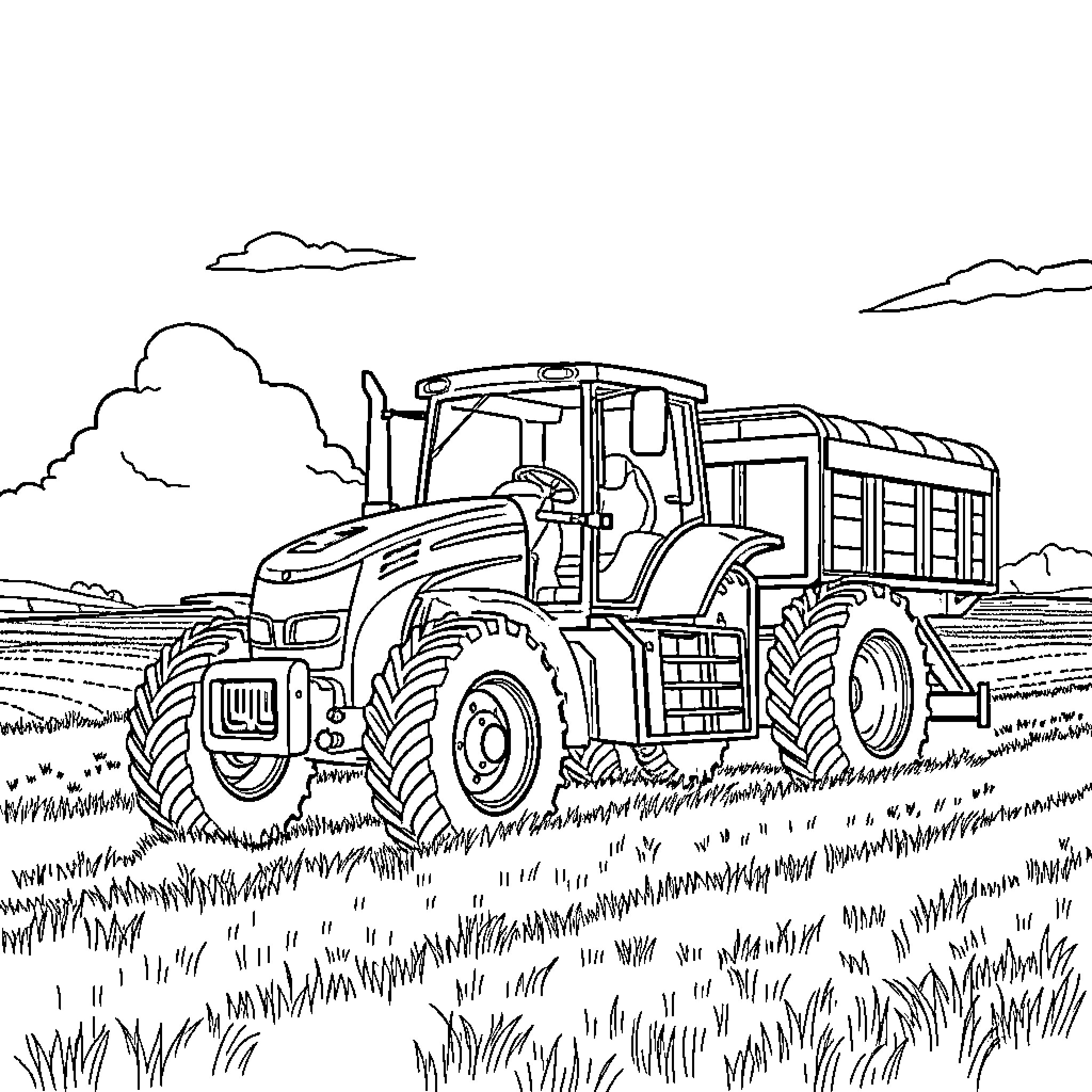 Tractor hauling heavy load through countryside Coloring Page (free black-and-white line drawing printable PDF for all, from beginners to advanced learners, including children, teens, adults, and seniors)