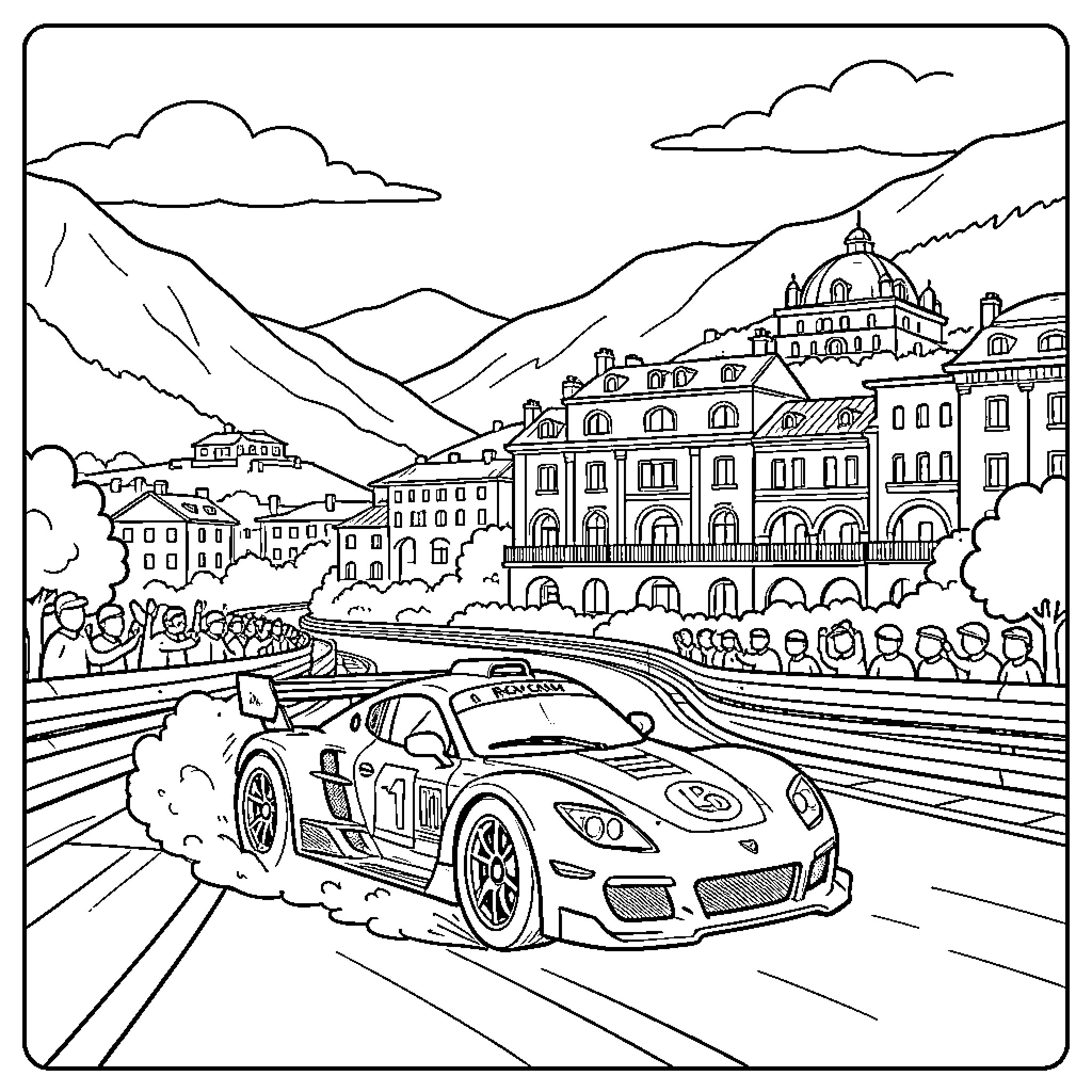 Rally car racing through a scenic mountain town Coloring Page (free black-and-white line drawing printable PDF for all, from beginners to advanced learners, including children, teens, adults, and seniors)