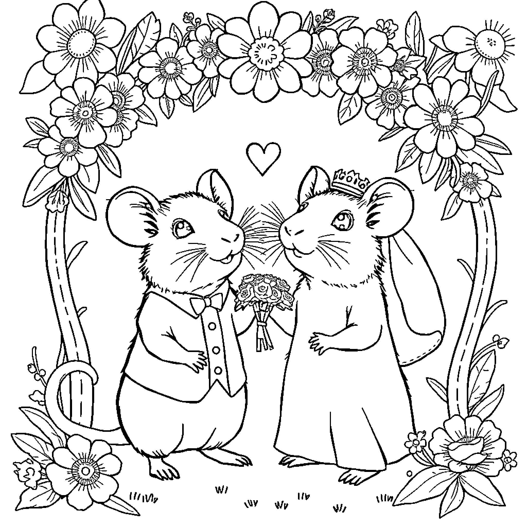 Rat couple surrounded by floral wreath Coloring Page (free black-and-white line drawing printable PDF for all, from beginners to advanced learners, including children, teens, adults, and seniors)