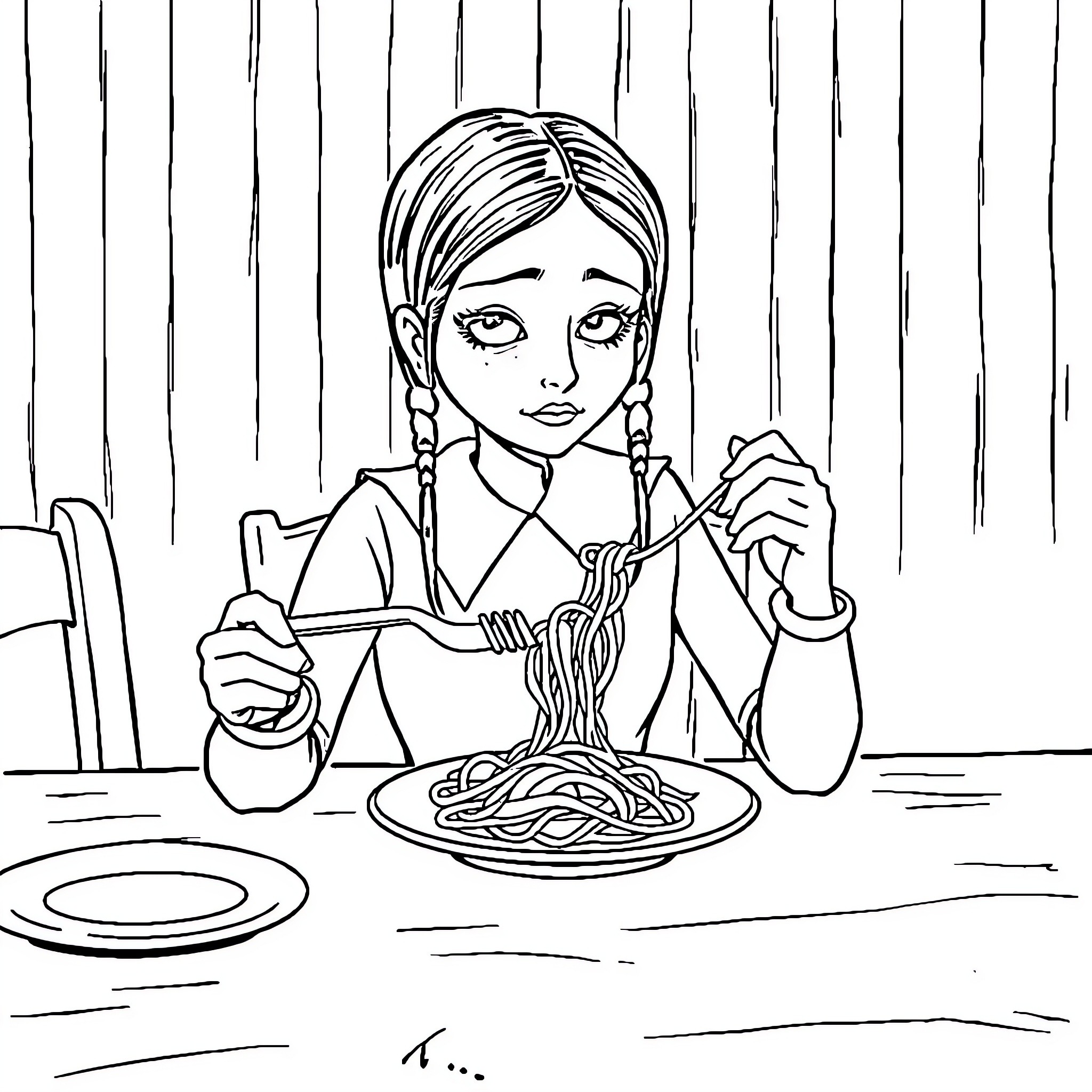 Wednesday Addams eating spaghetti at the dining table Coloring Page (free black-and-white line drawing printable PDF for all, from beginners to advanced learners, including children, teens, adults, and seniors)