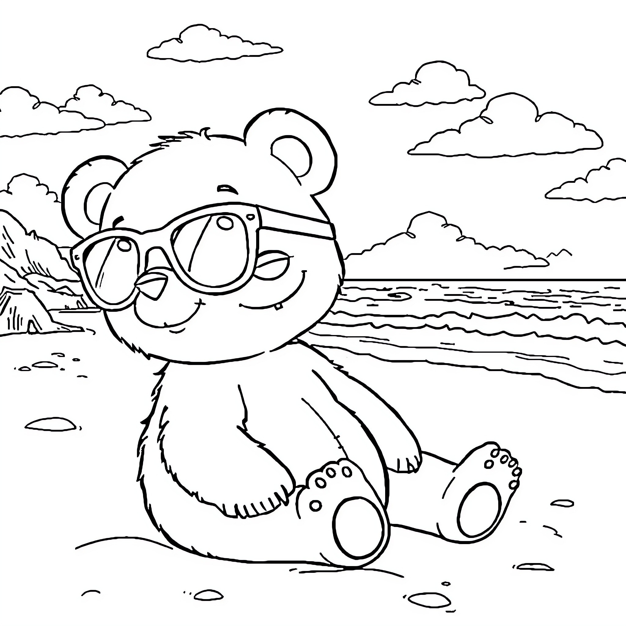 Bear wearing glasses enjoying the beach Coloring Page (free black-and-white line drawing printable PDF for all, from beginners to advanced learners, including children, teens, adults, and seniors)