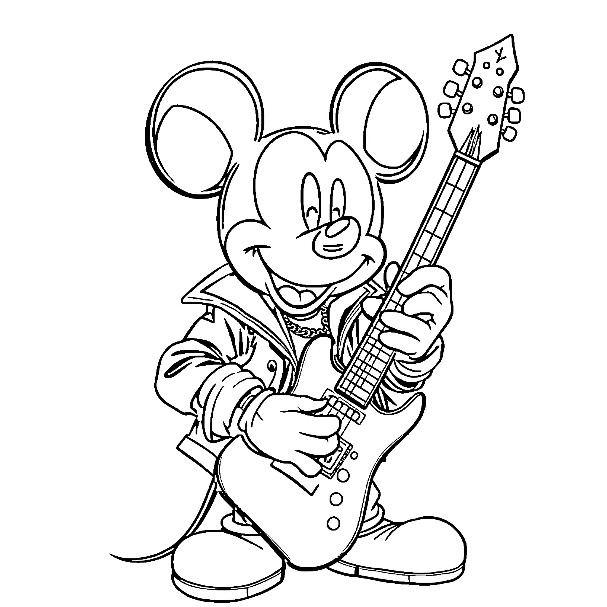 Mickey Mouse playing electric guitar cheerfully Coloring Page (free black-and-white line drawing printable PDF for all, from beginners to advanced learners, including children, teens, adults, and seniors)