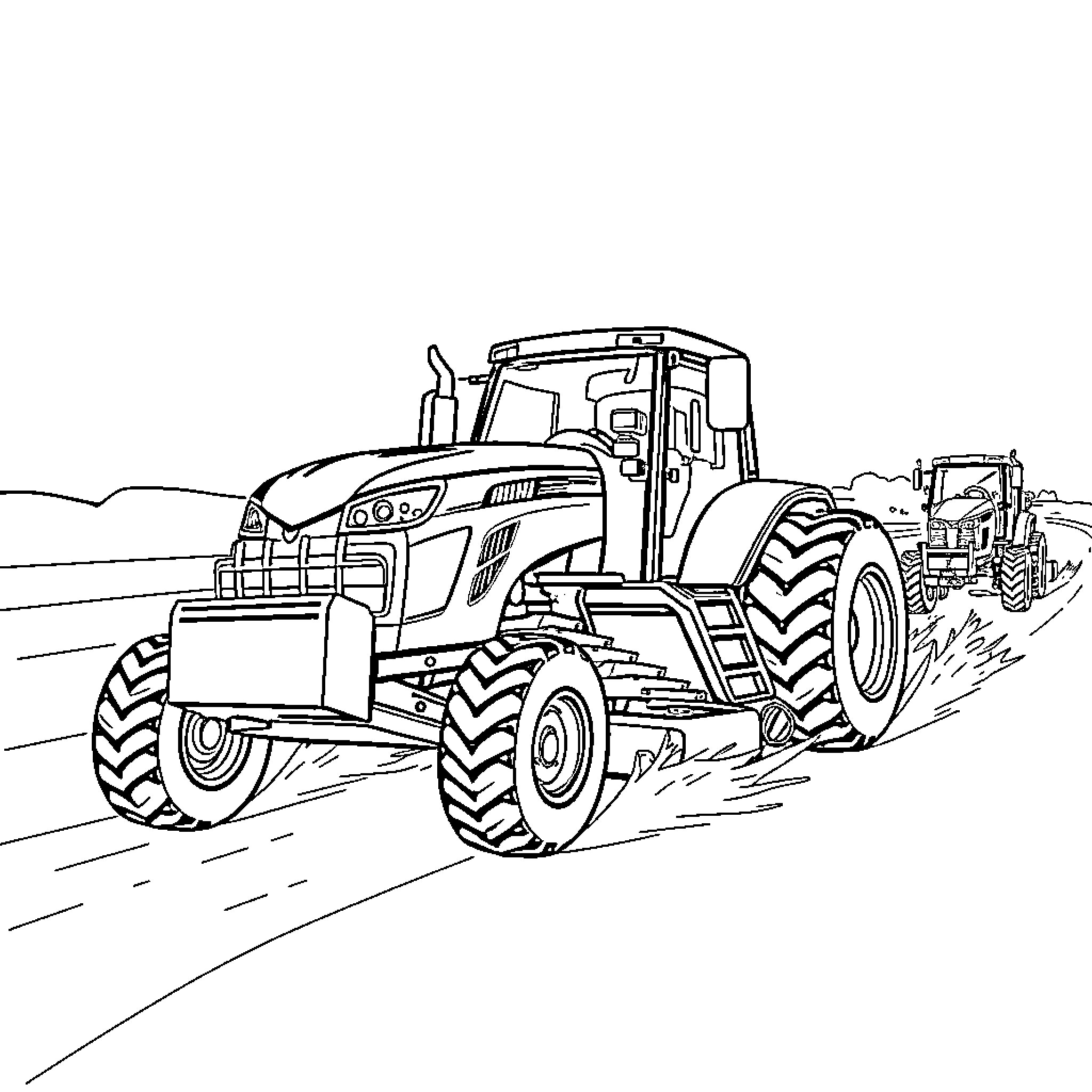 Tractor working in a field Coloring Page (free black-and-white line drawing printable PDF for all, from beginners to advanced learners, including children, teens, adults, and seniors)