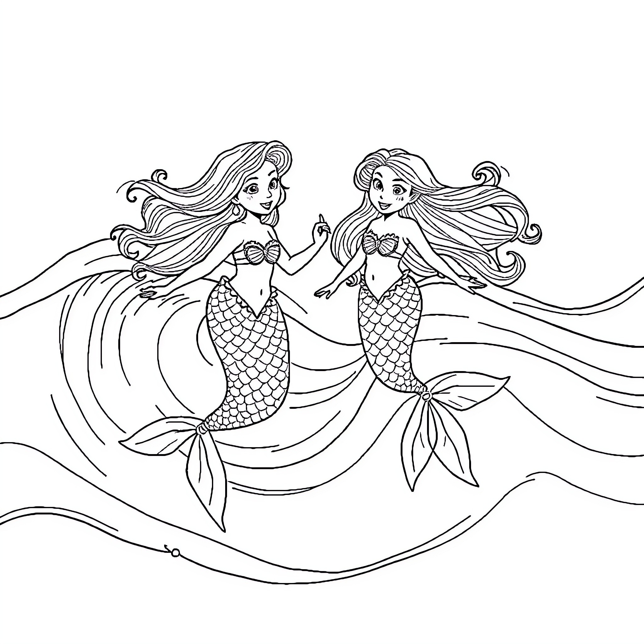 Mermaid friends swimming playfully in the ocean Coloring Page (free black-and-white line drawing printable PDF for all, from beginners to advanced learners, including children, teens, adults, and seniors)