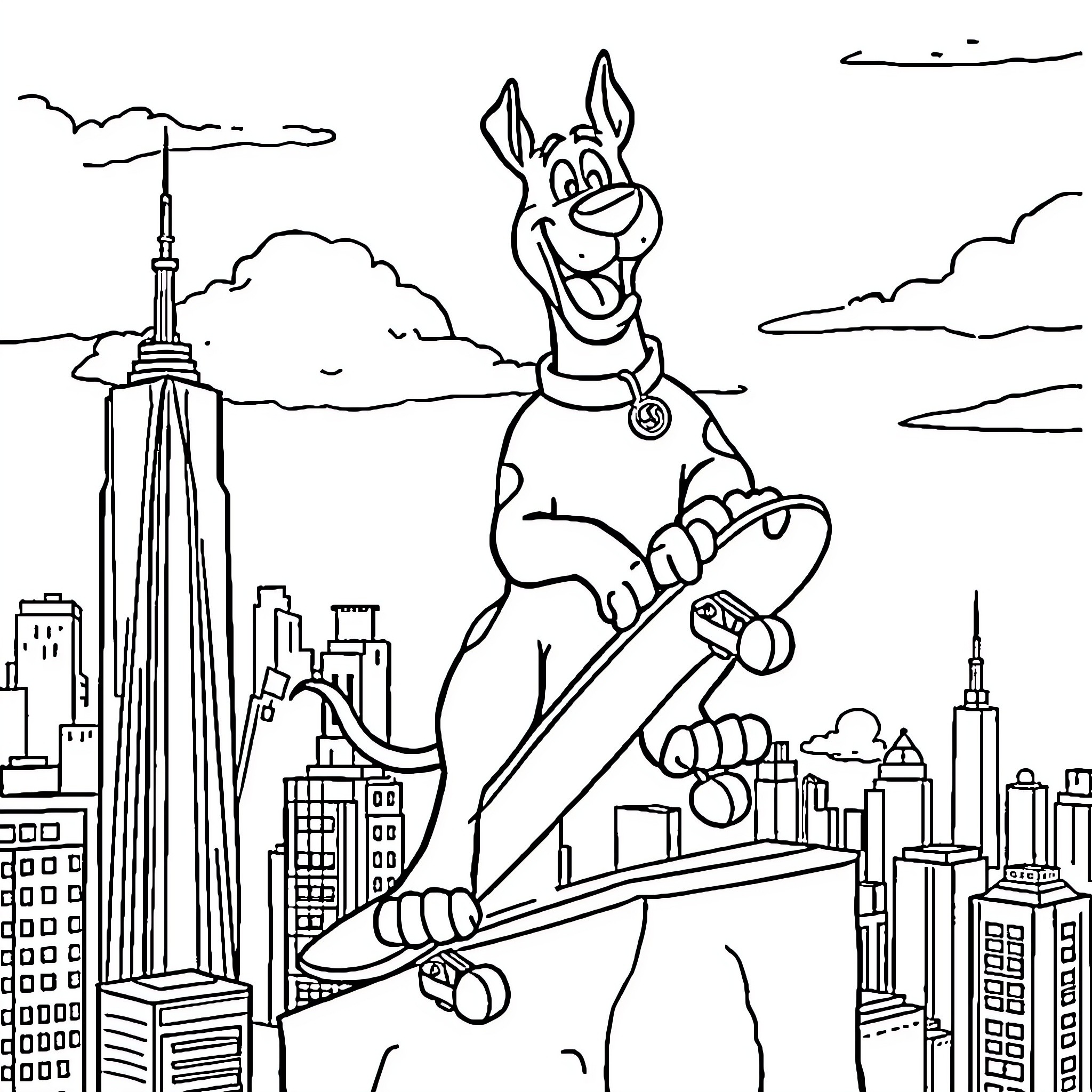 Scooby Doo surfing on a skateboard in the city Coloring Page (free black-and-white line drawing printable PDF for all, from beginners to advanced learners, including children, teens, adults, and seniors)