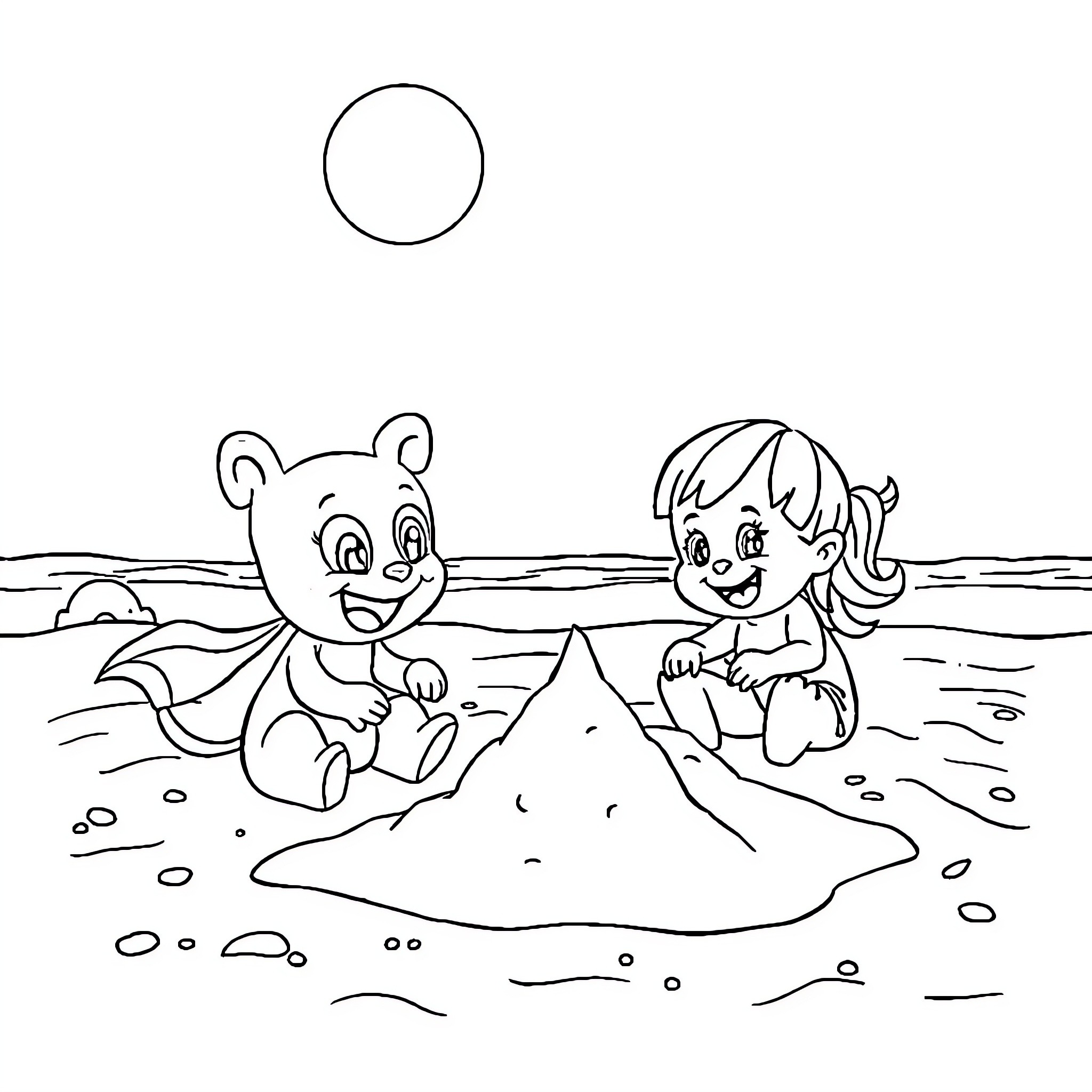 Bluey and friend playing in the sand Coloring Page (free black-and-white line drawing printable PDF for all, from beginners to advanced learners, including children, teens, adults, and seniors)