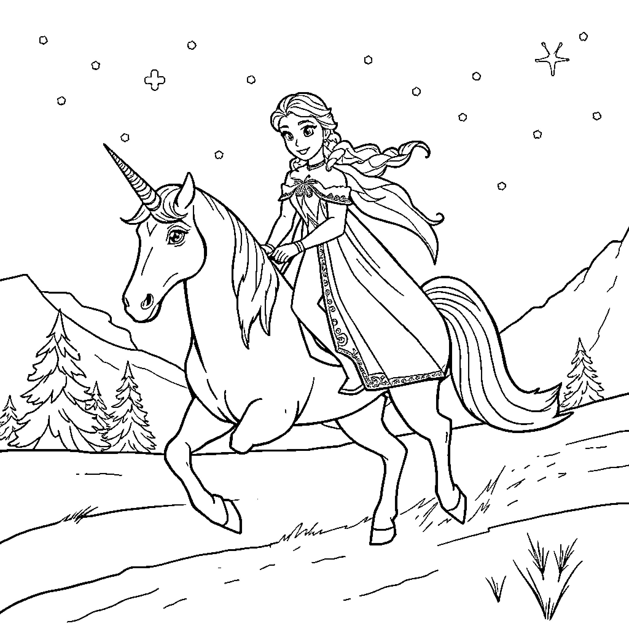 Frozen Princess Riding a Unicorn in Winter Wonderland Coloring Page (free black-and-white line drawing printable PDF for all, from beginners to advanced learners, including children, teens, adults, and seniors)