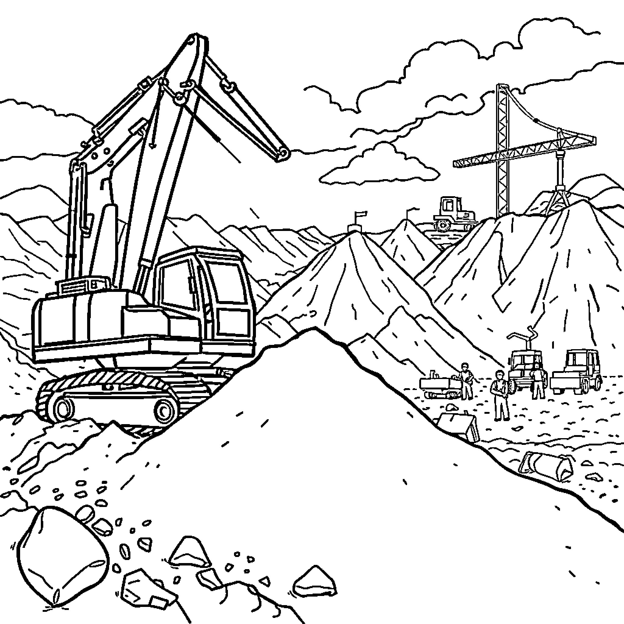 Excavator at work on construction site Coloring Page (free black-and-white line drawing printable PDF for all, from beginners to advanced learners, including children, teens, adults, and seniors)