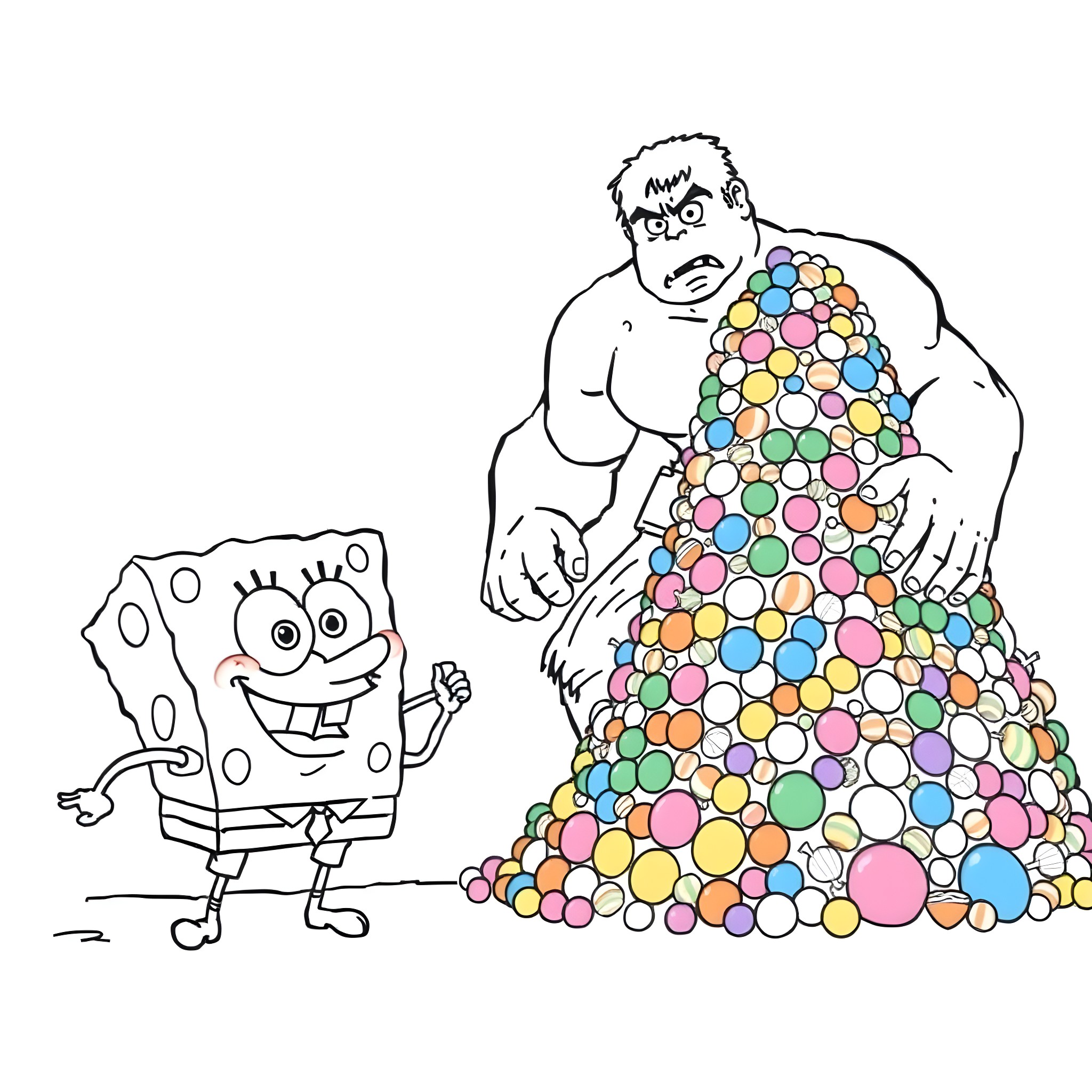 Spongebob and big muscular dude with colorful spots Coloring Page (free black-and-white line drawing printable PDF for all, from beginners to advanced learners, including children, teens, adults, and seniors)