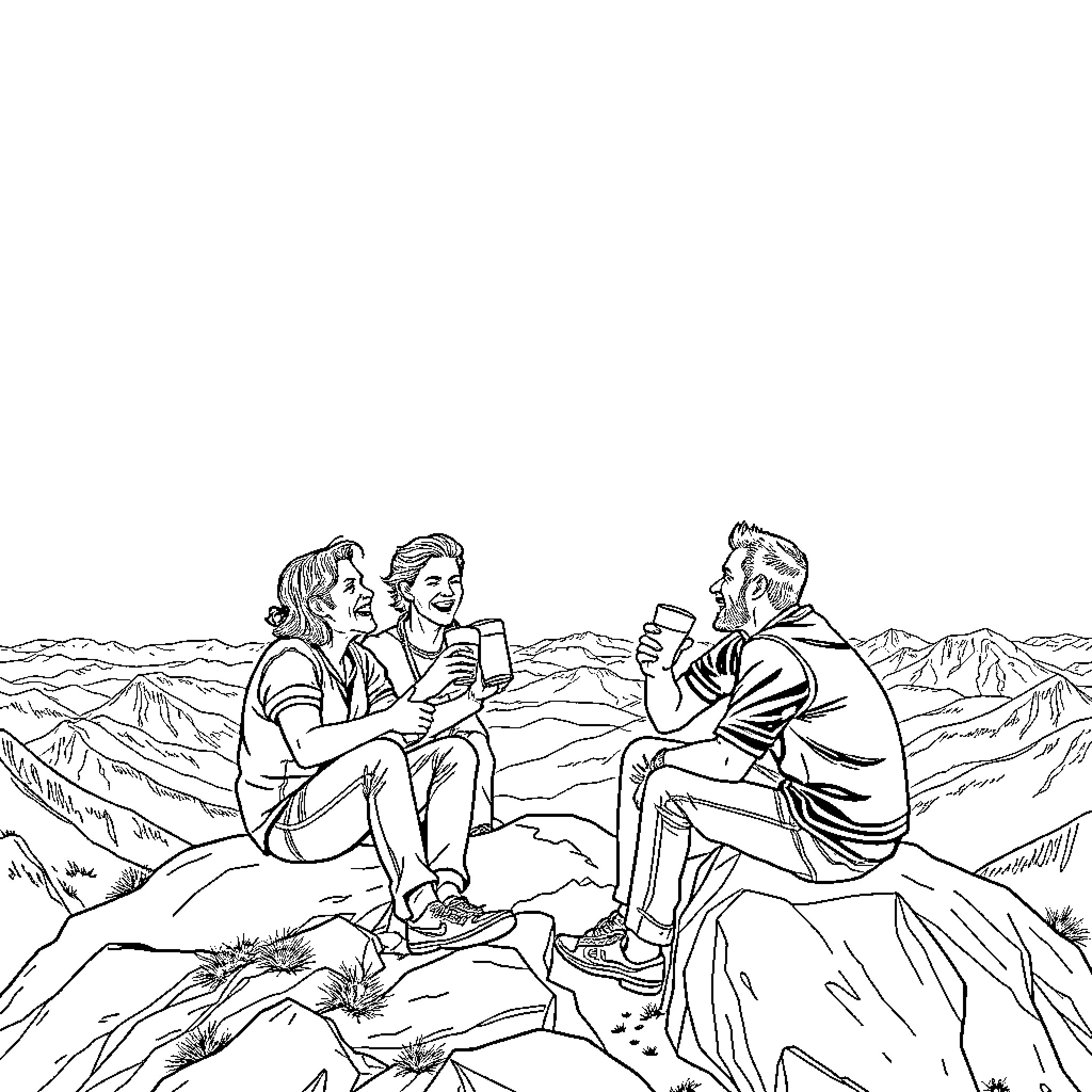 Cast Relaxing Together in Nature Coloring Page (free black-and-white line drawing printable PDF for all, from beginners to advanced learners, including children, teens, adults, and seniors)
