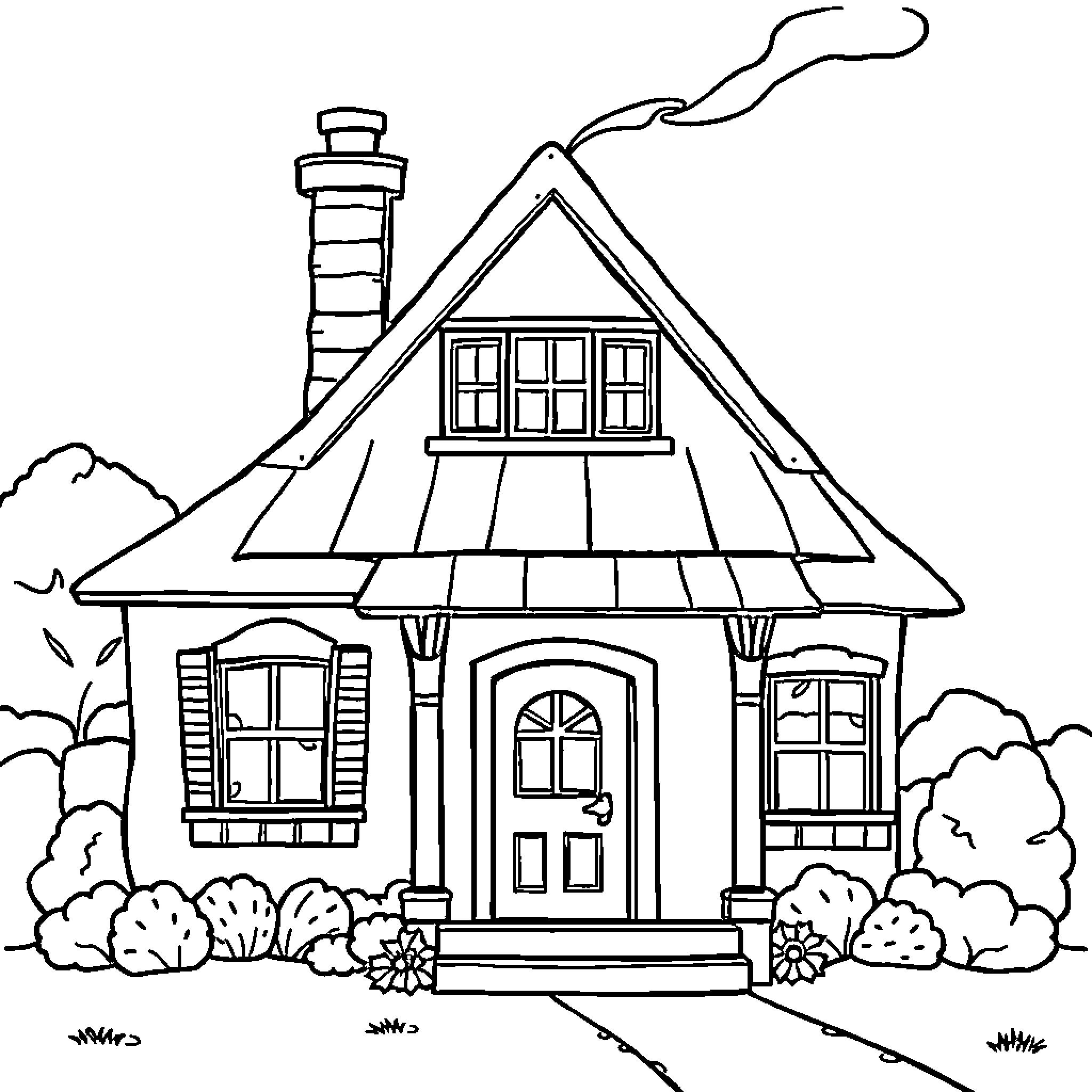 House with chimney and landscaped yard Coloring Page (free black-and-white line drawing printable PDF for all, from beginners to advanced learners, including children, teens, adults, and seniors)