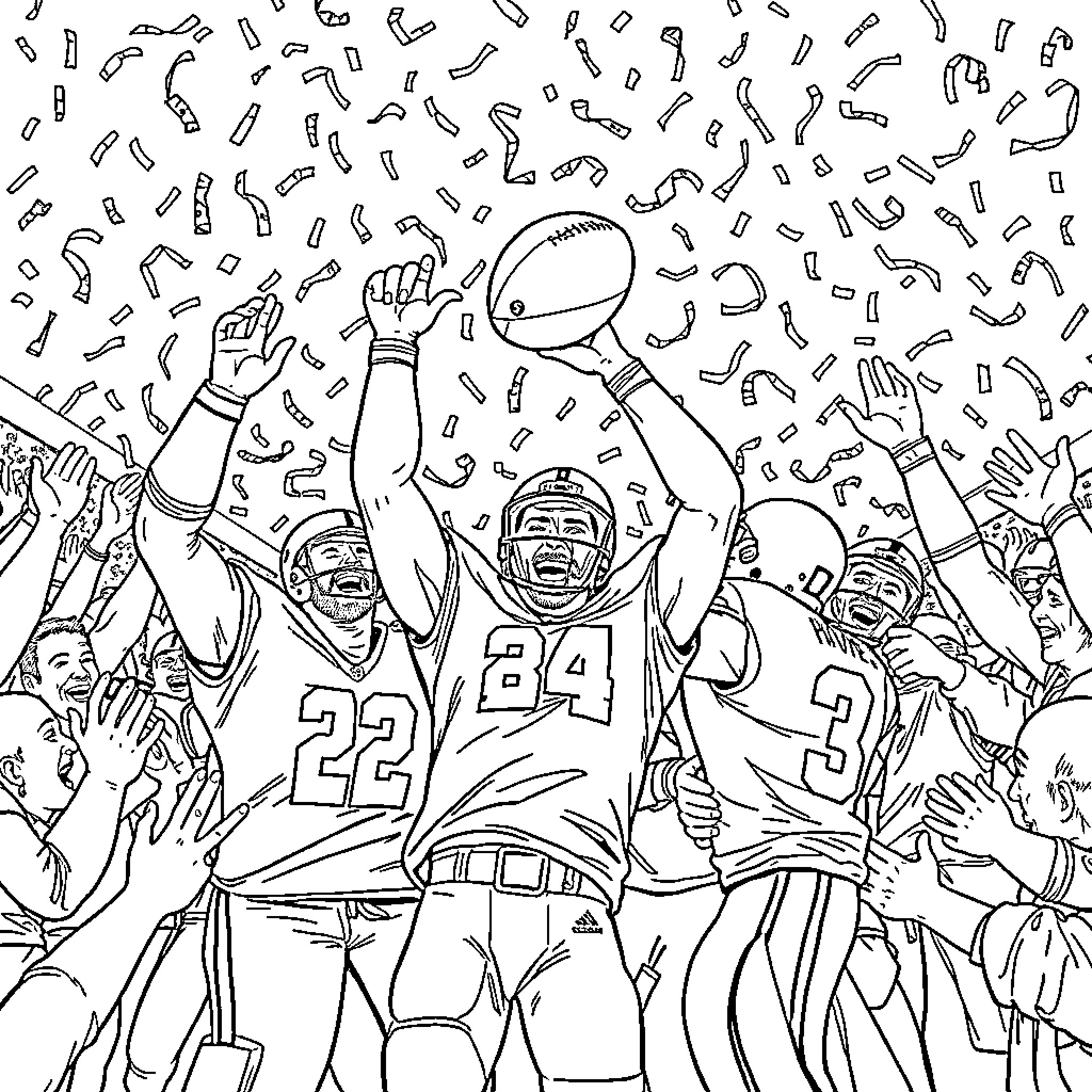 Raider Celebrates Touchdown Amidst Cheering Teammates Coloring Page (free black-and-white line drawing printable PDF for all, from beginners to advanced learners, including children, teens, adults, and seniors)