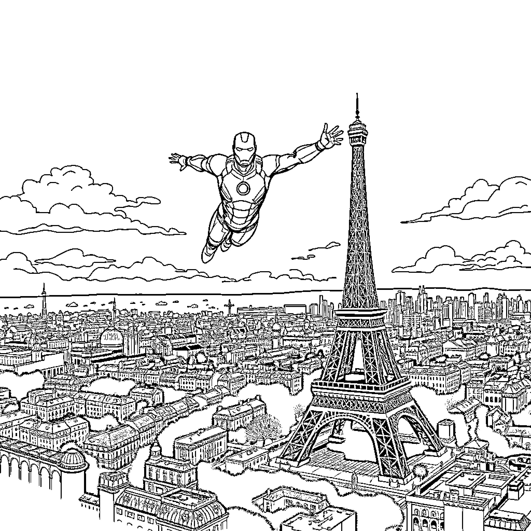 Ironman soaring above the Parisian cityscape Coloring Page (free black-and-white line drawing printable PDF for all, from beginners to advanced learners, including children, teens, adults, and seniors)