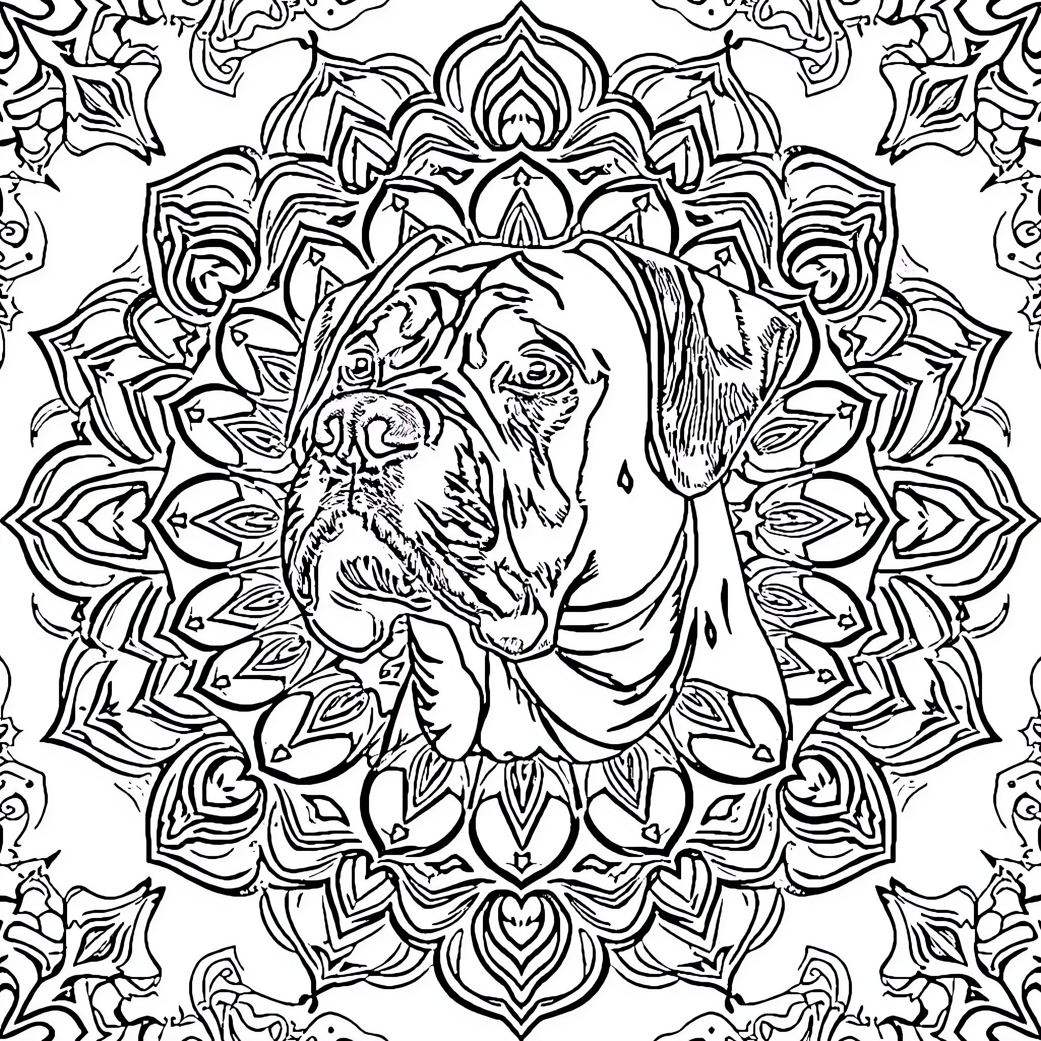 Boerboel in Intricate Mandala Design Coloring Page (free black-and-white line drawing printable PDF for all, from beginners to advanced learners, including children, teens, adults, and seniors)