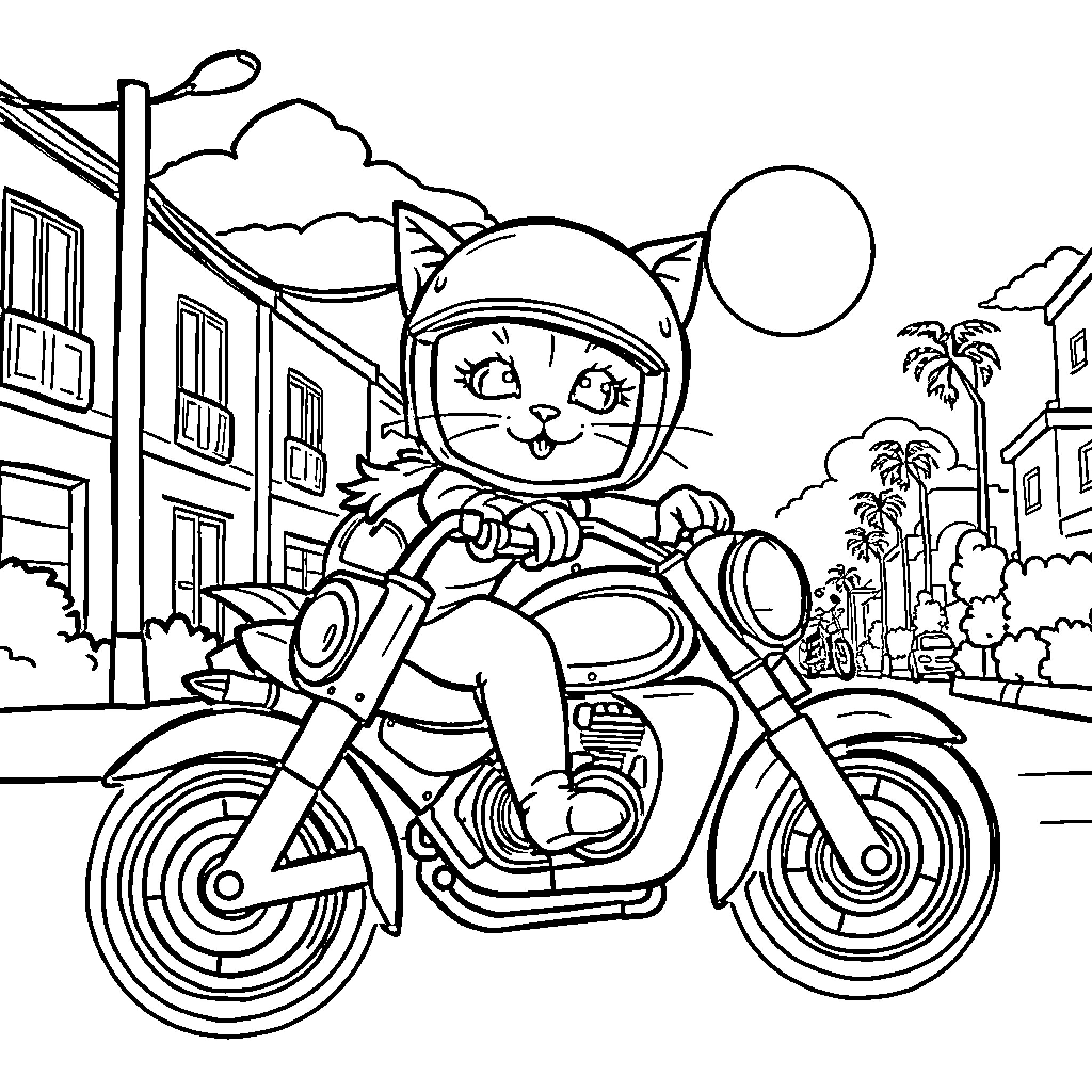 Cat riding motorcycle in city street Coloring Page (free black-and-white line drawing printable PDF for all, from beginners to advanced learners, including children, teens, adults, and seniors)