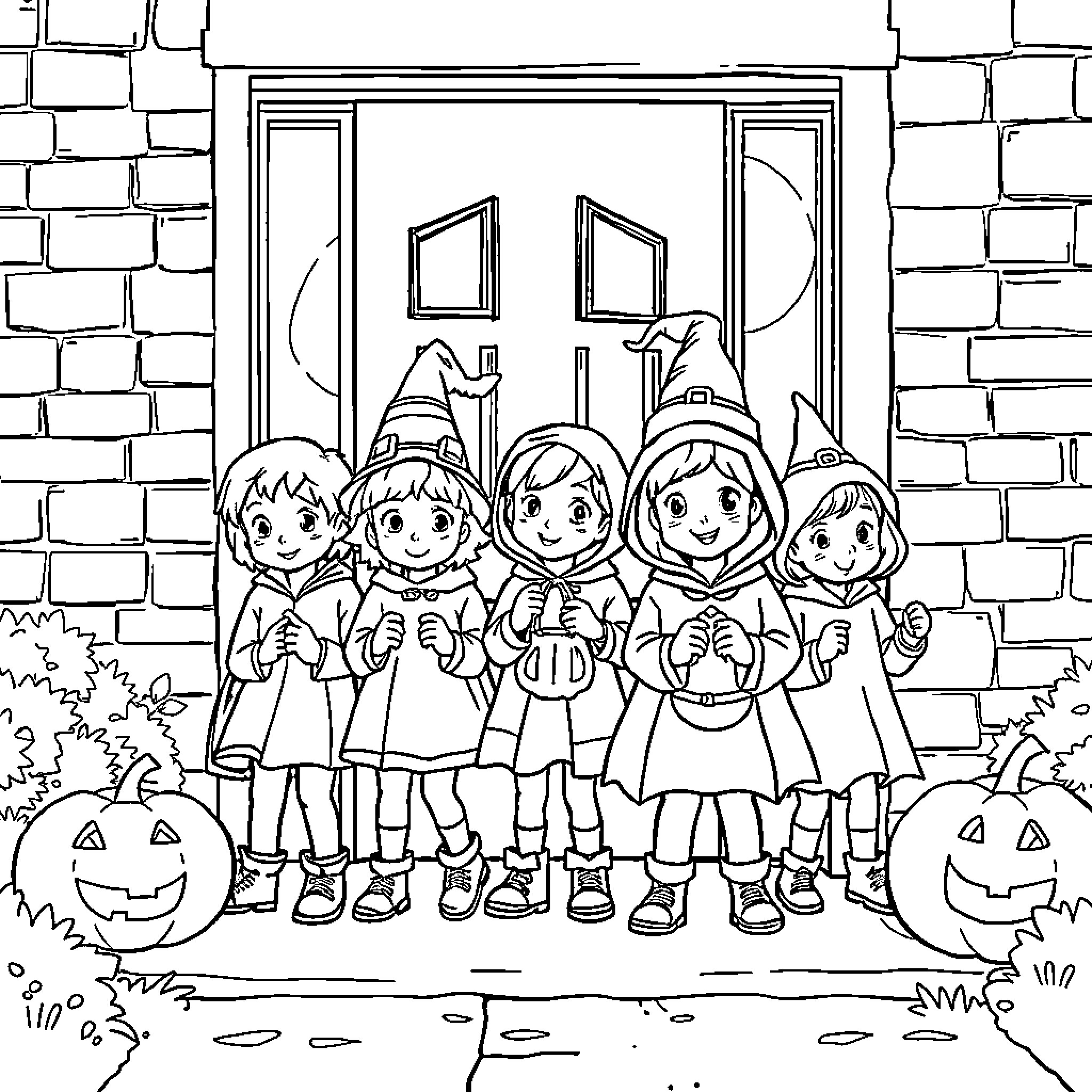 Kids in Halloween costumes at the door Coloring Page (free black-and-white line drawing printable PDF for all, from beginners to advanced learners, including children, teens, adults, and seniors)