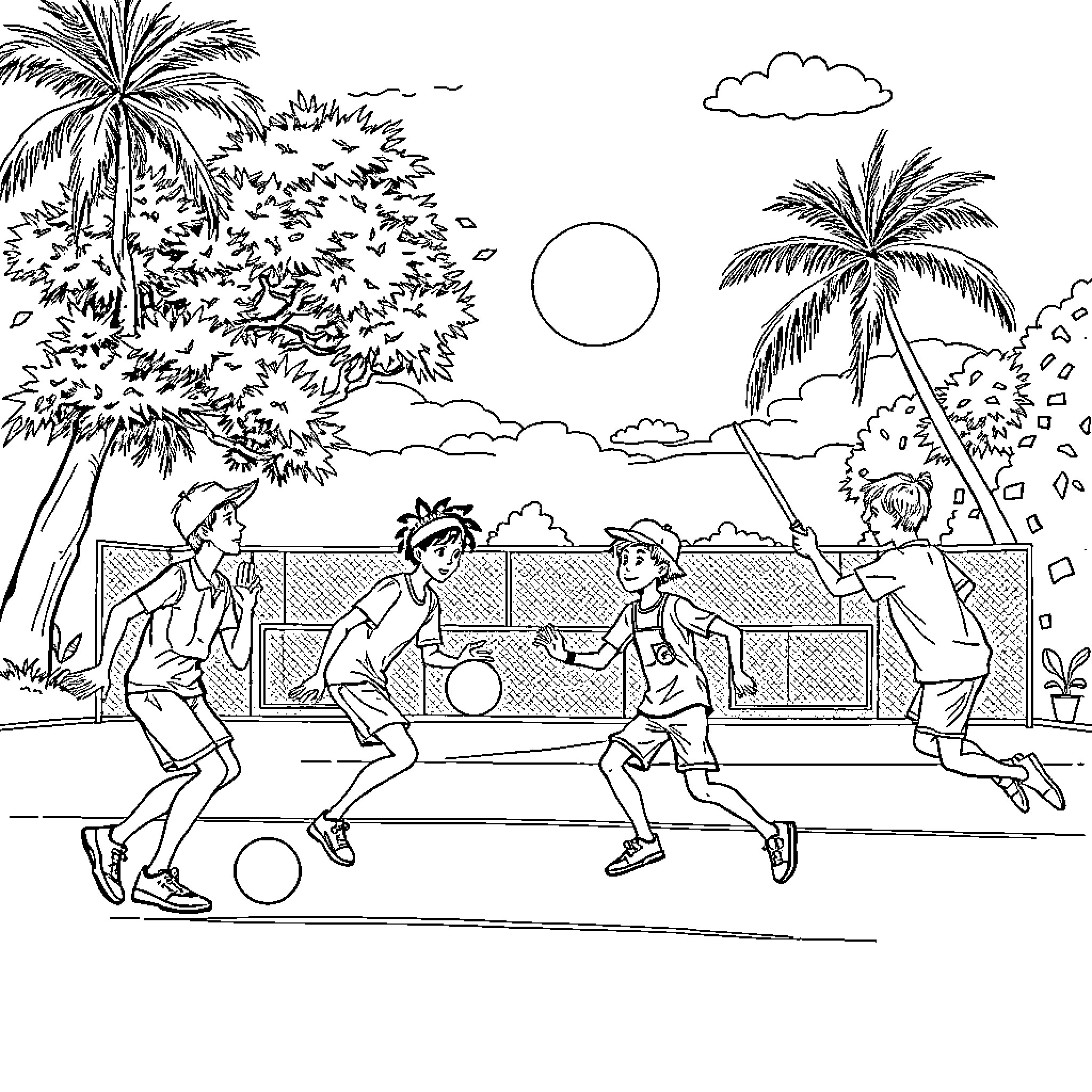 Amigo friends playing volleyball on the beach Coloring Page (free black-and-white line drawing printable PDF for all, from beginners to advanced learners, including children, teens, adults, and seniors)