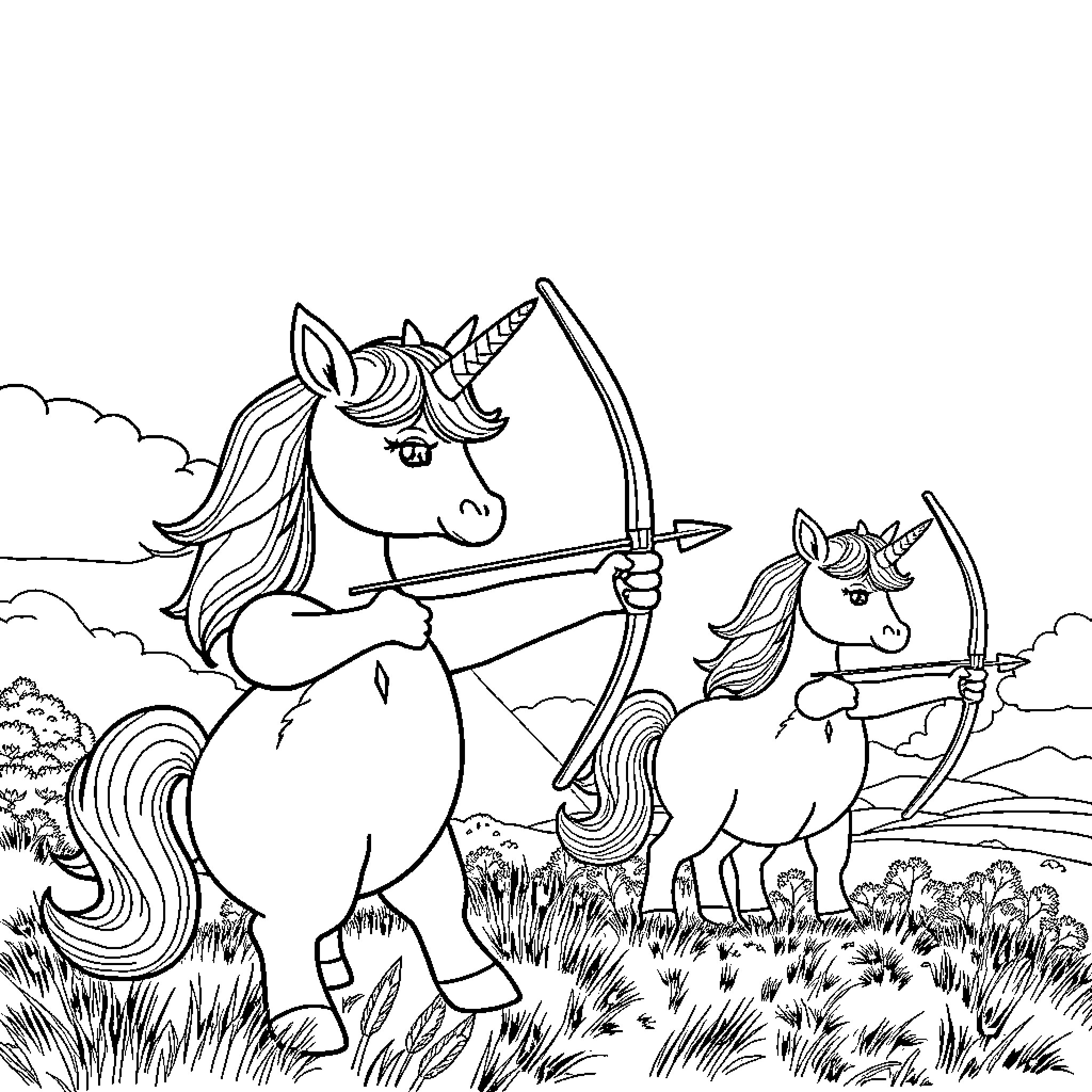 Unicorn archers training in the meadow Coloring Page (free black-and-white line drawing printable PDF for all, from beginners to advanced learners, including children, teens, adults, and seniors)
