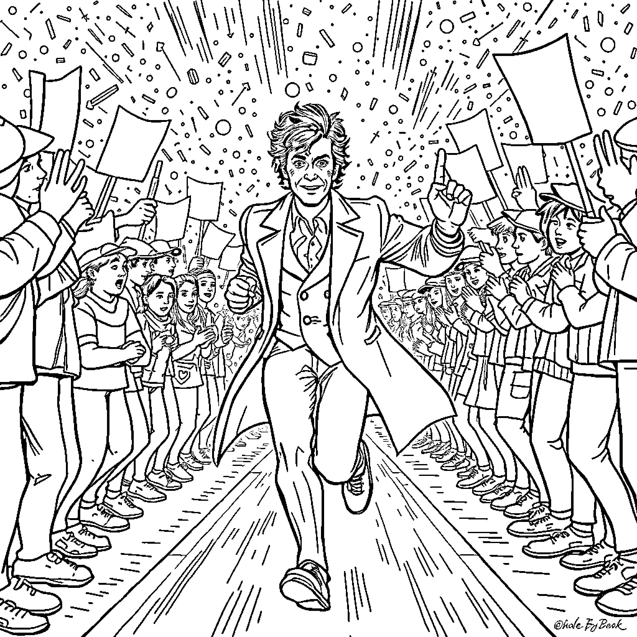 Doctor Celebrates with Cheering Crowd Coloring Page (free black-and-white line drawing printable PDF for all, from beginners to advanced learners, including children, teens, adults, and seniors)