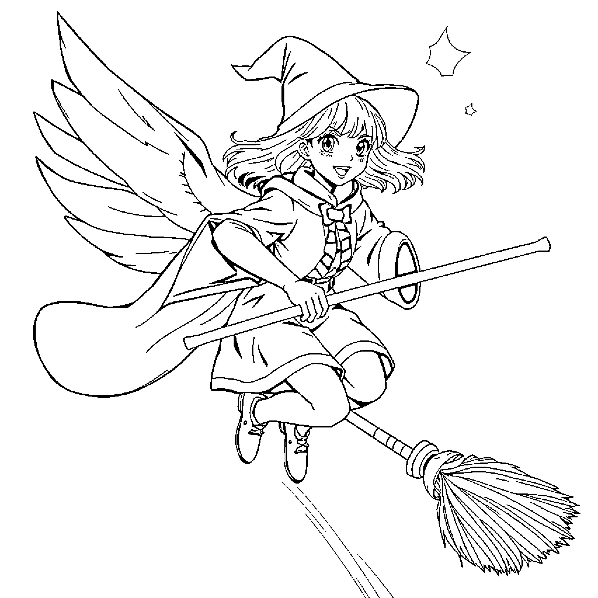 Girl Scout Witch Flying on Broomstick with Magic Coloring Page (free black-and-white line drawing printable PDF for all, from beginners to advanced learners, including children, teens, adults, and seniors)