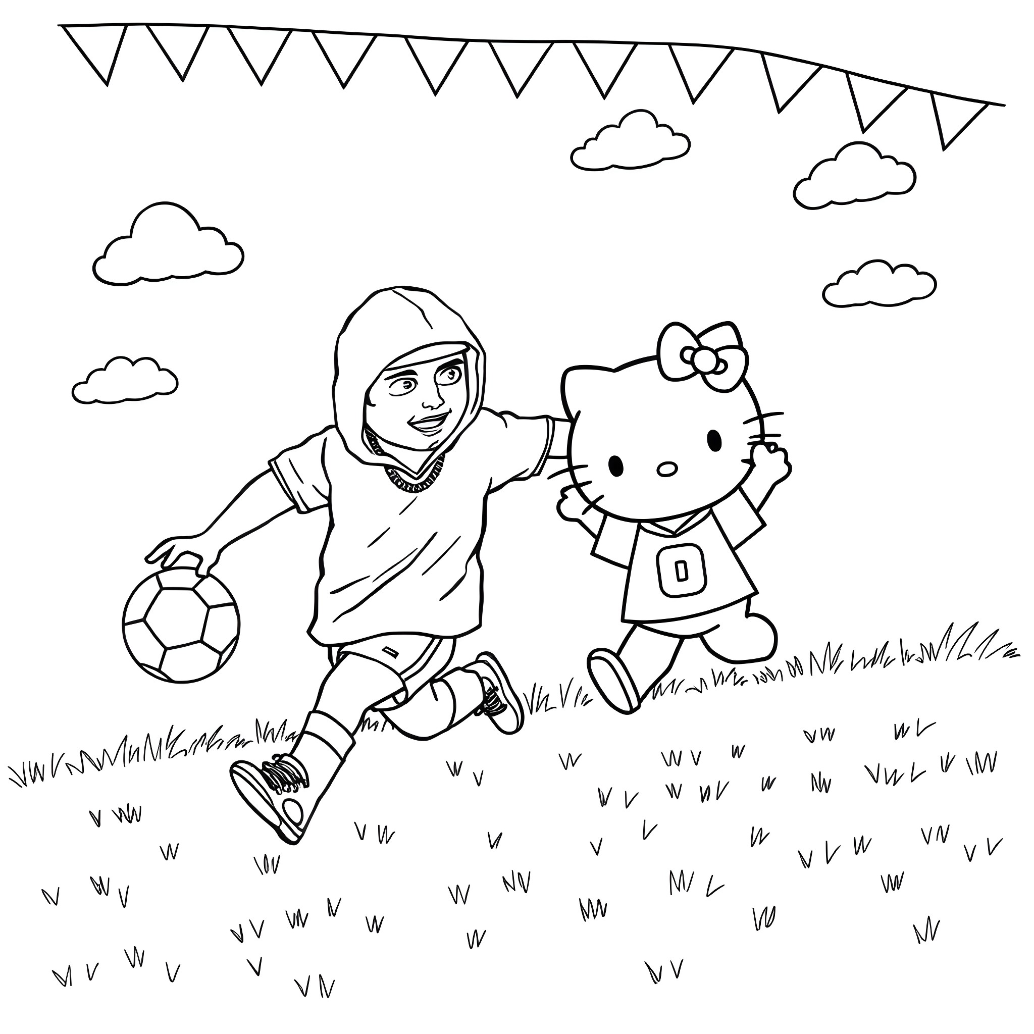 Eminem enjoys playing soccer with Hello Kitty Coloring Page (free black-and-white line drawing printable PDF for all, from beginners to advanced learners, including children, teens, adults, and seniors)