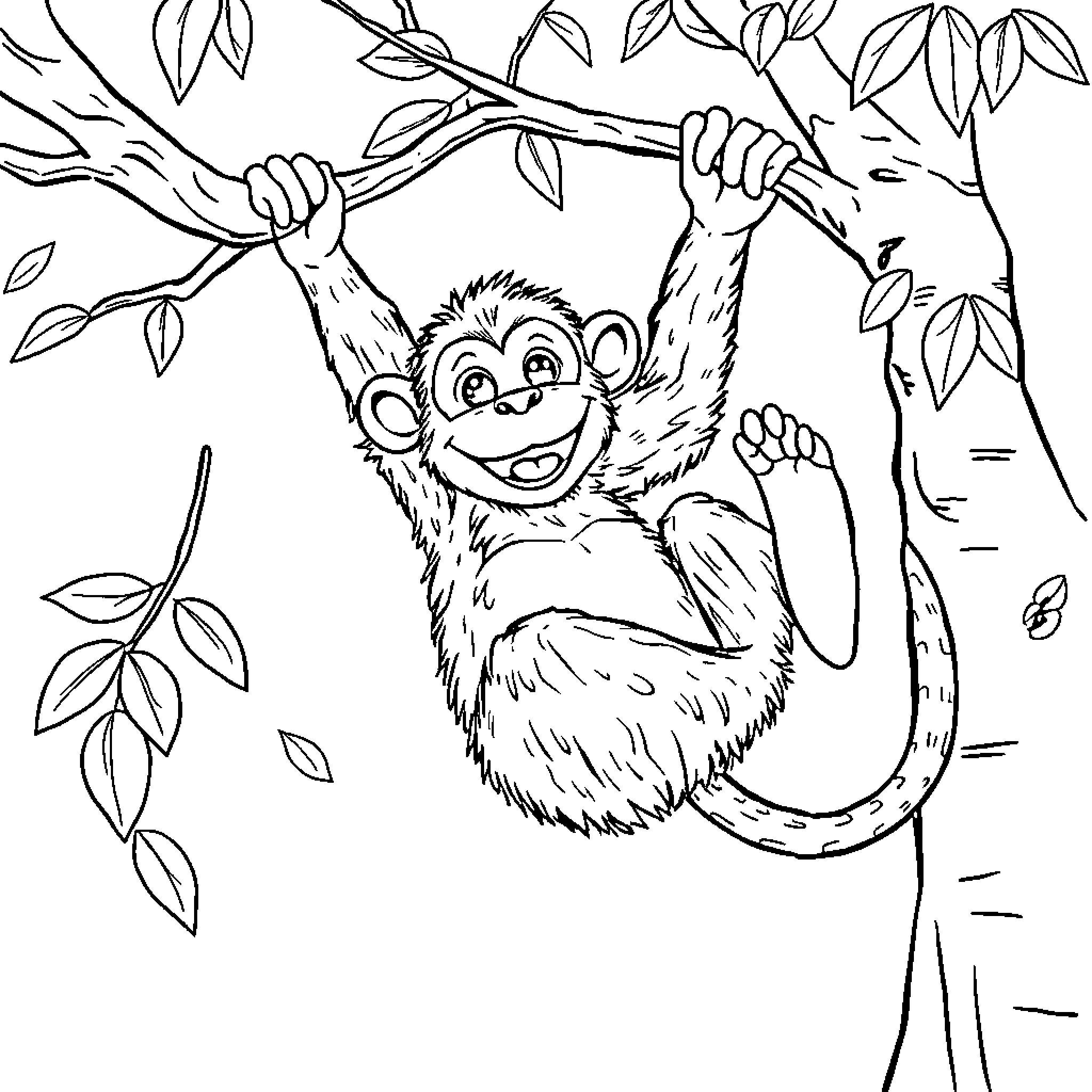 Monkey swinging happily on tree branch Coloring Page (free black-and-white line drawing printable PDF for all, from beginners to advanced learners, including children, teens, adults, and seniors)