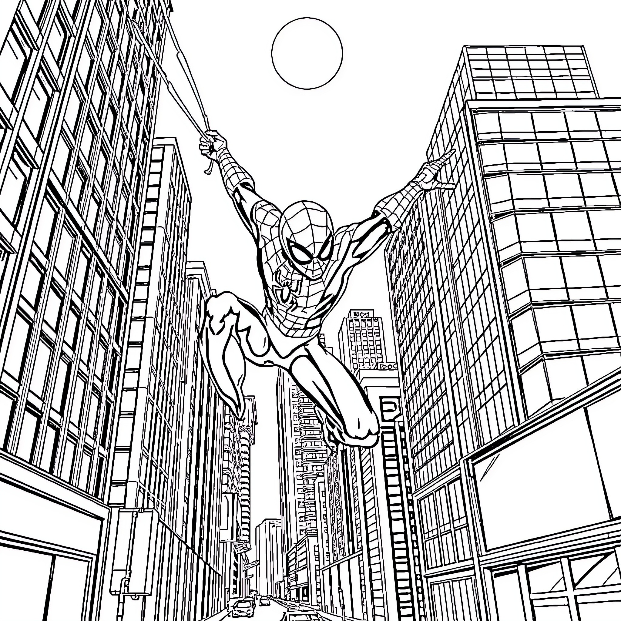 Spiderman swinging through the city Coloring Page (free black-and-white line drawing printable PDF for all, from beginners to advanced learners, including children, teens, adults, and seniors)