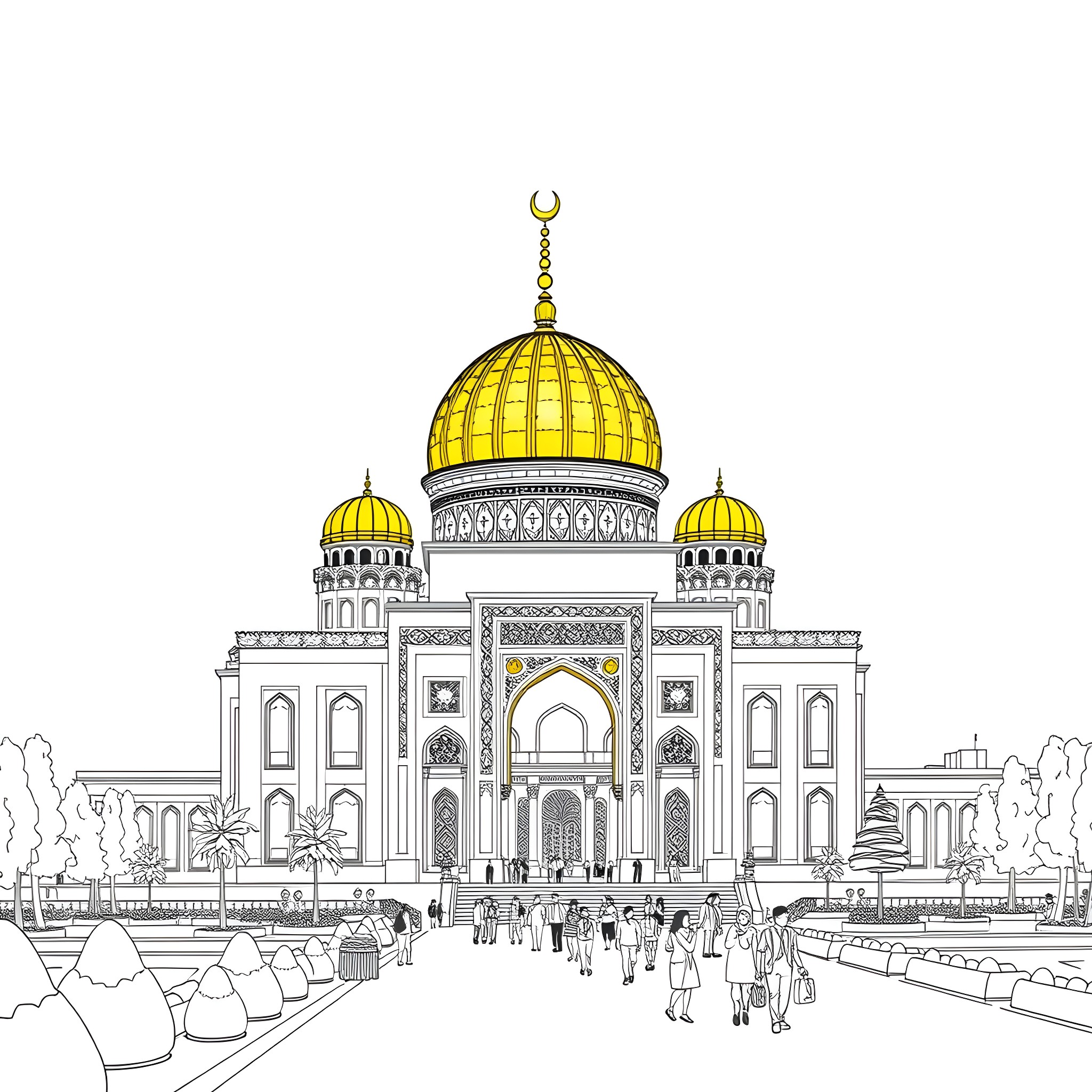 Al-Askari Shrine: Intricate Architecture and Gathering People Coloring Page (free black-and-white line drawing printable PDF for all, from beginners to advanced learners, including children, teens, adults, and seniors)