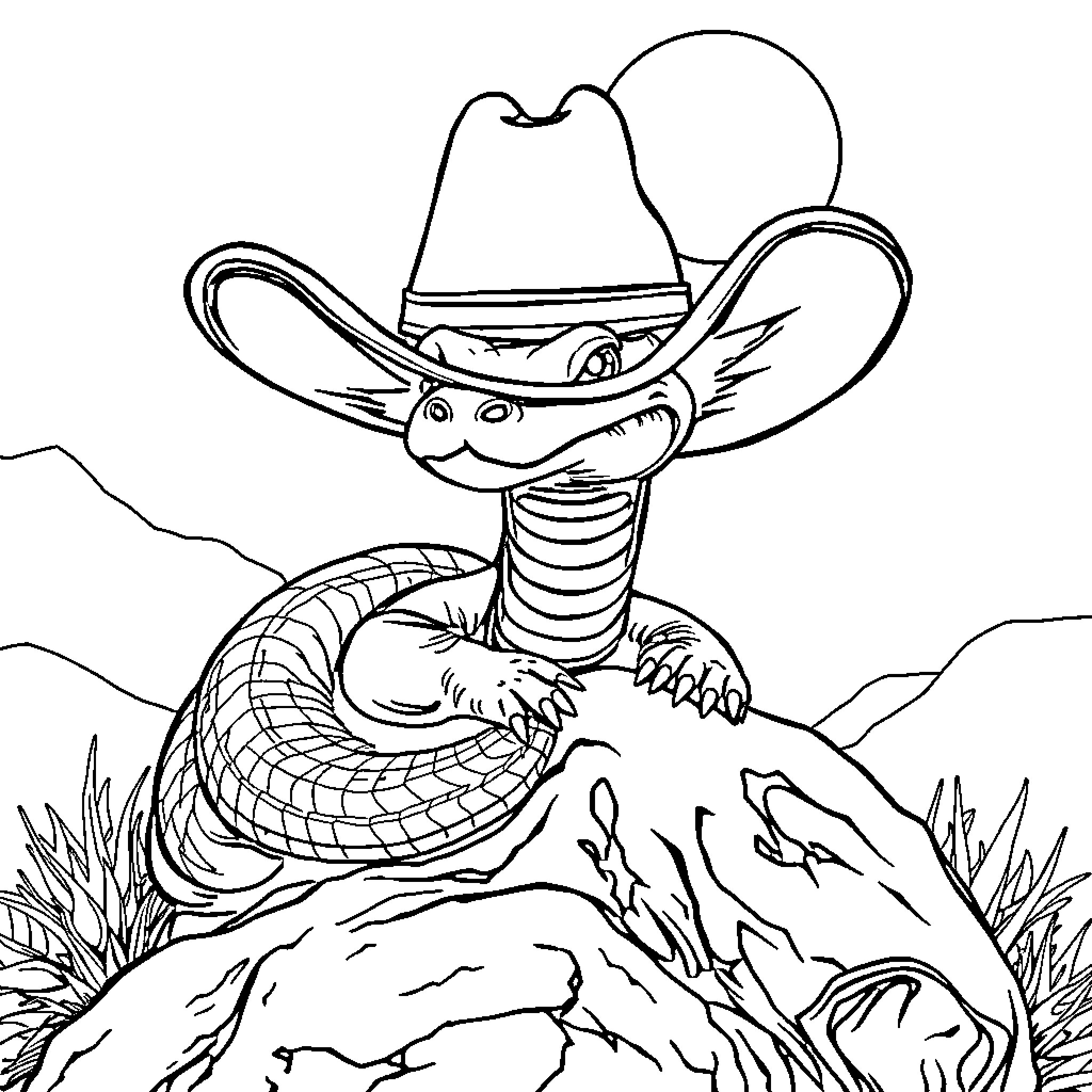 Rattle Snake in Cowboy Hat Coiled on Rocky Terrain Coloring Page (free black-and-white line drawing printable PDF for all, from beginners to advanced learners, including children, teens, adults, and seniors)